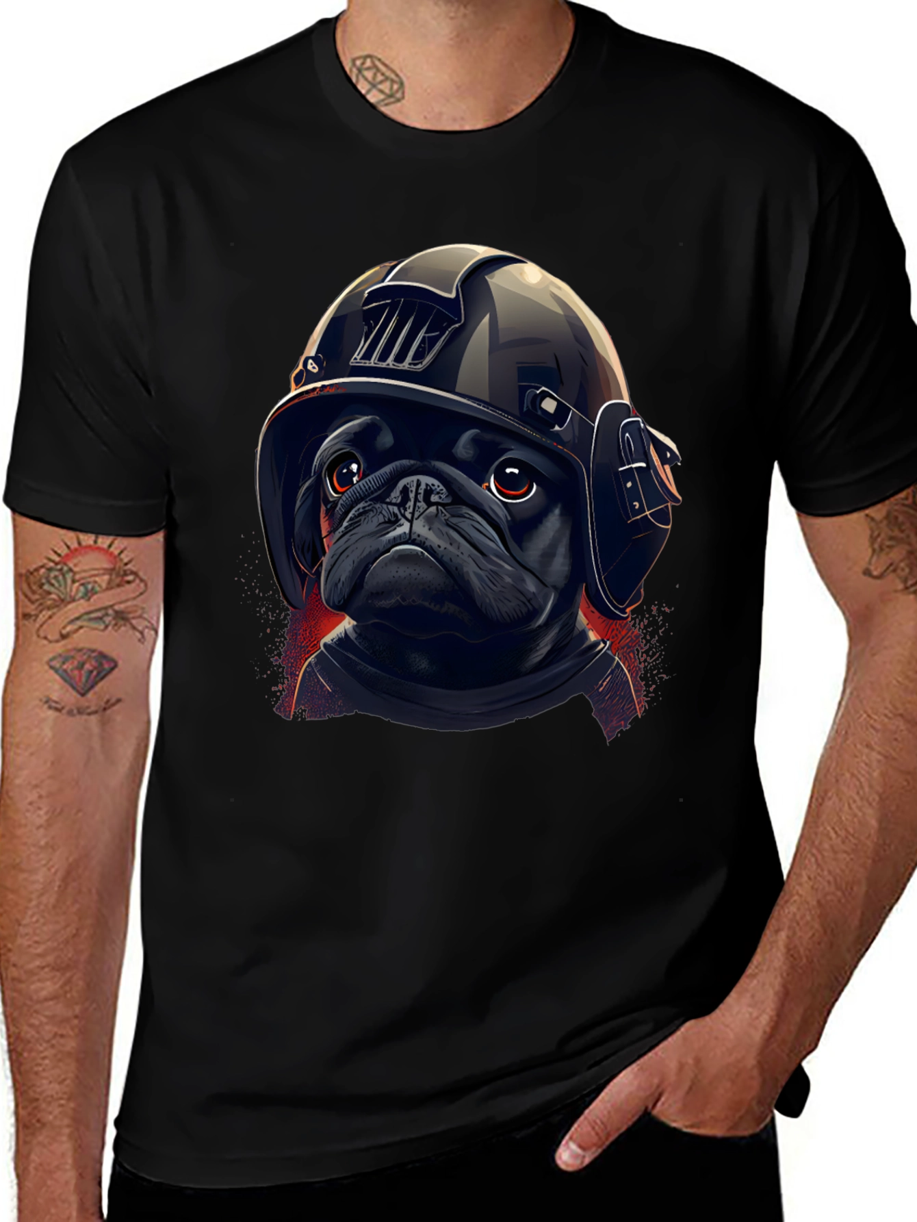 Variant 28 of Pug Pilot T-Shirt: Black Cotton Tee with Helmet Dog Graphic
