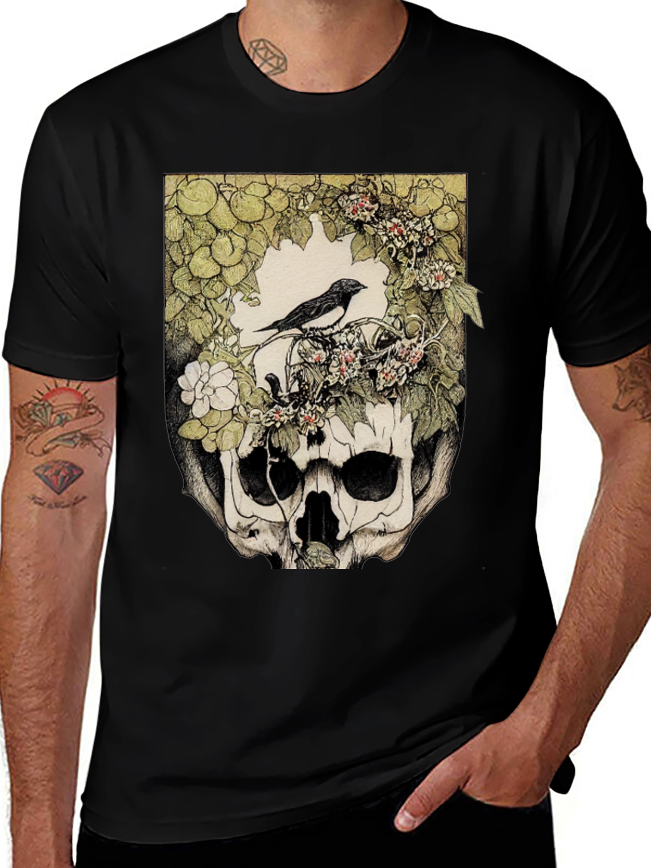 Variant 21 of Skull & Bird Graphic Tee - Unique Gothic Style