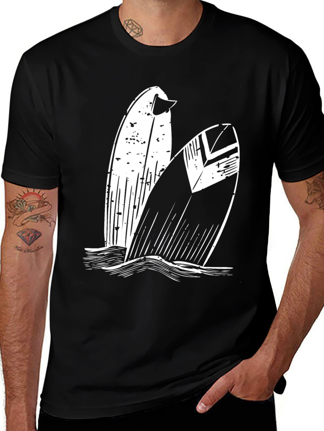 Surfboard Graphic Tee - Black Cotton T-Shirt
