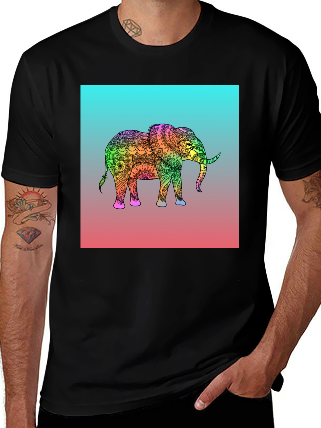 Variant 14 of Elephant Mandala Graphic Tee - Black Cotton T-Shirt