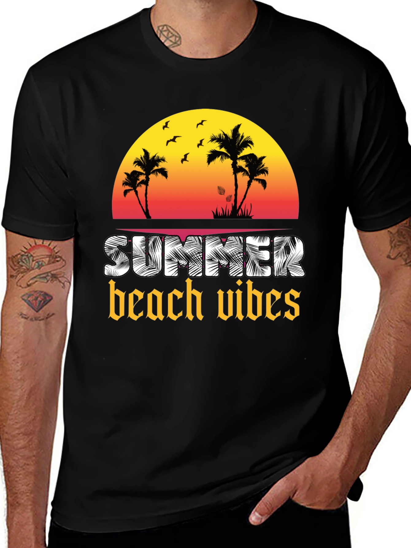 Variant 24 of Summer Beach Vibes Black T-Shirt - Palm Tree Sunset Graphic Tee