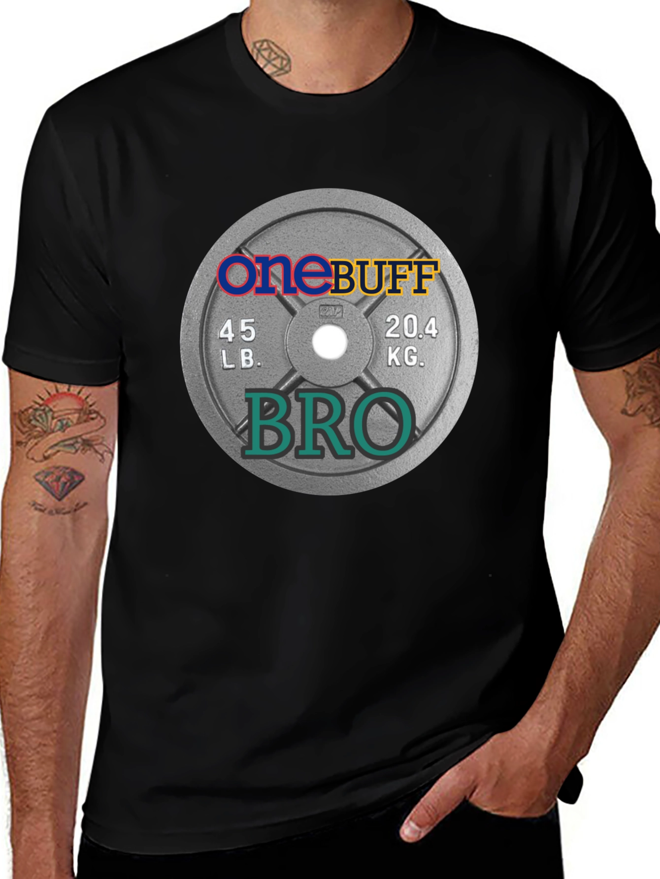 One Buff Bro T-Shirt - Gym Weight Plate Design