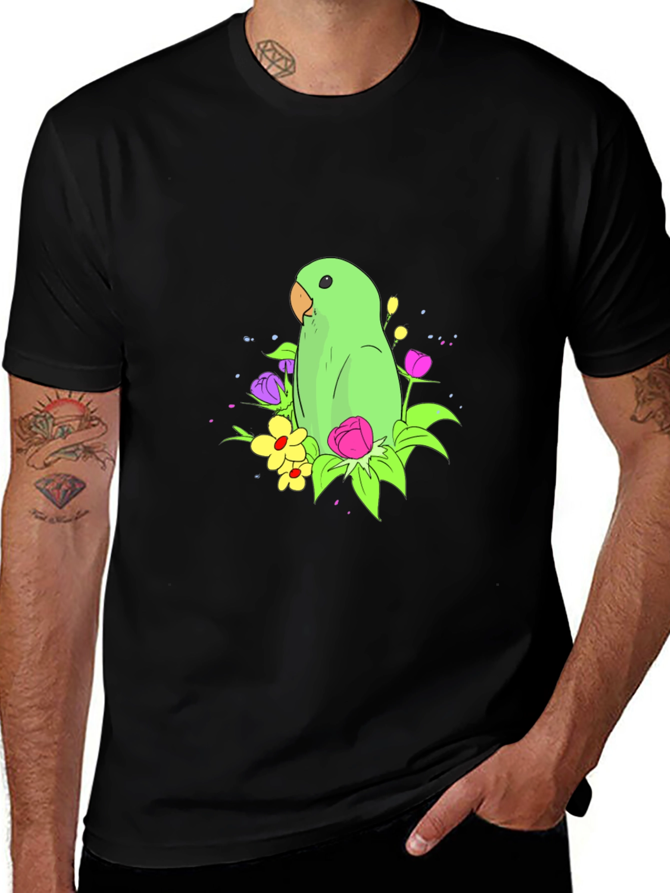 Variant 22 of Parrot & Flower Graphic Black T-Shirt