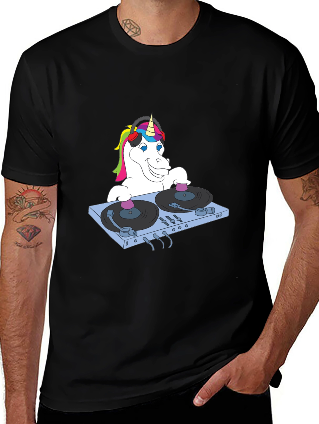 Black DJ Unicorn Graphic T-Shirt - Funky Music Lover Tee main image
