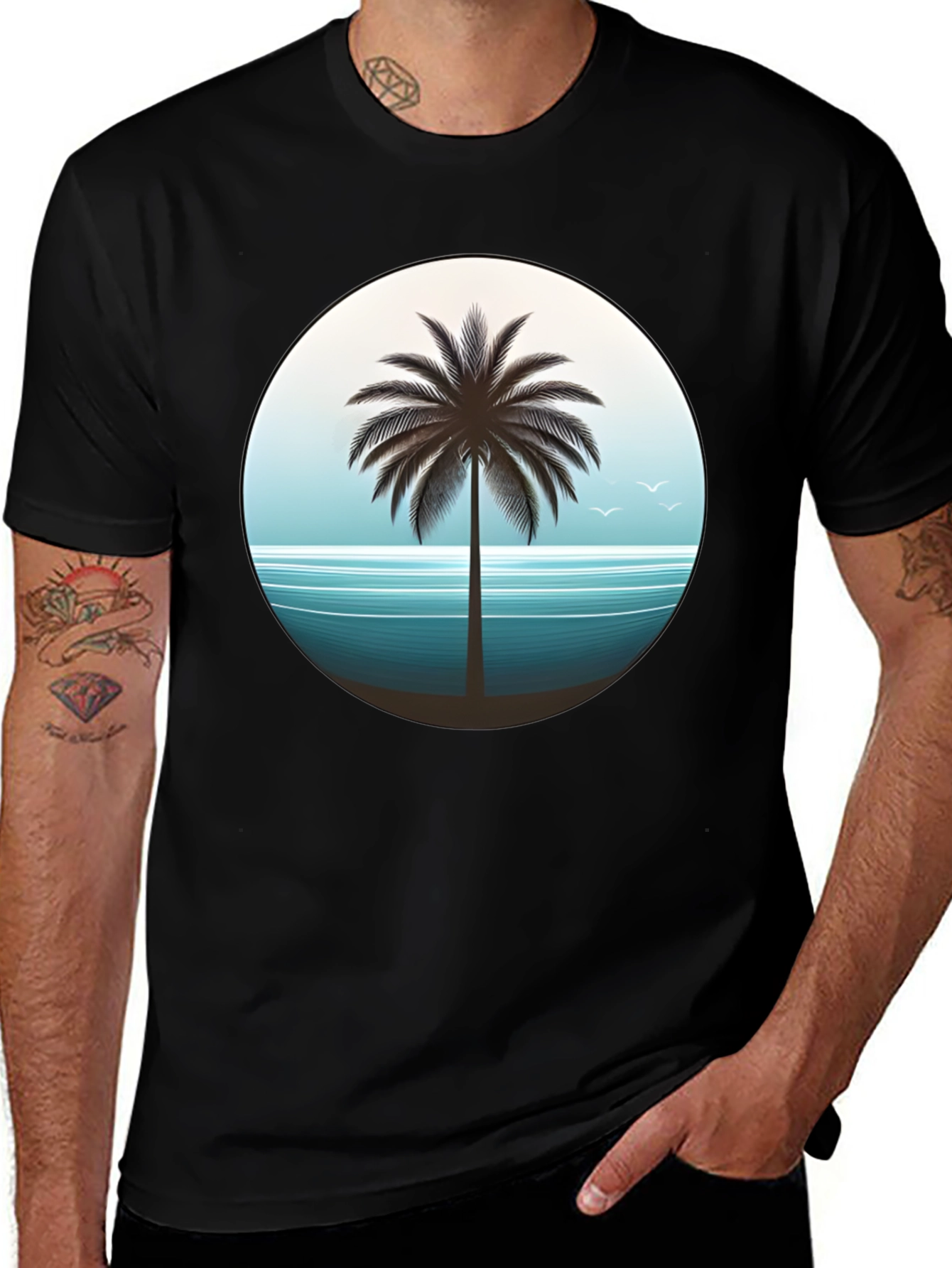Variant 15 of Tropical Palm Tree Graphic Tee - Black Cotton T-Shirt