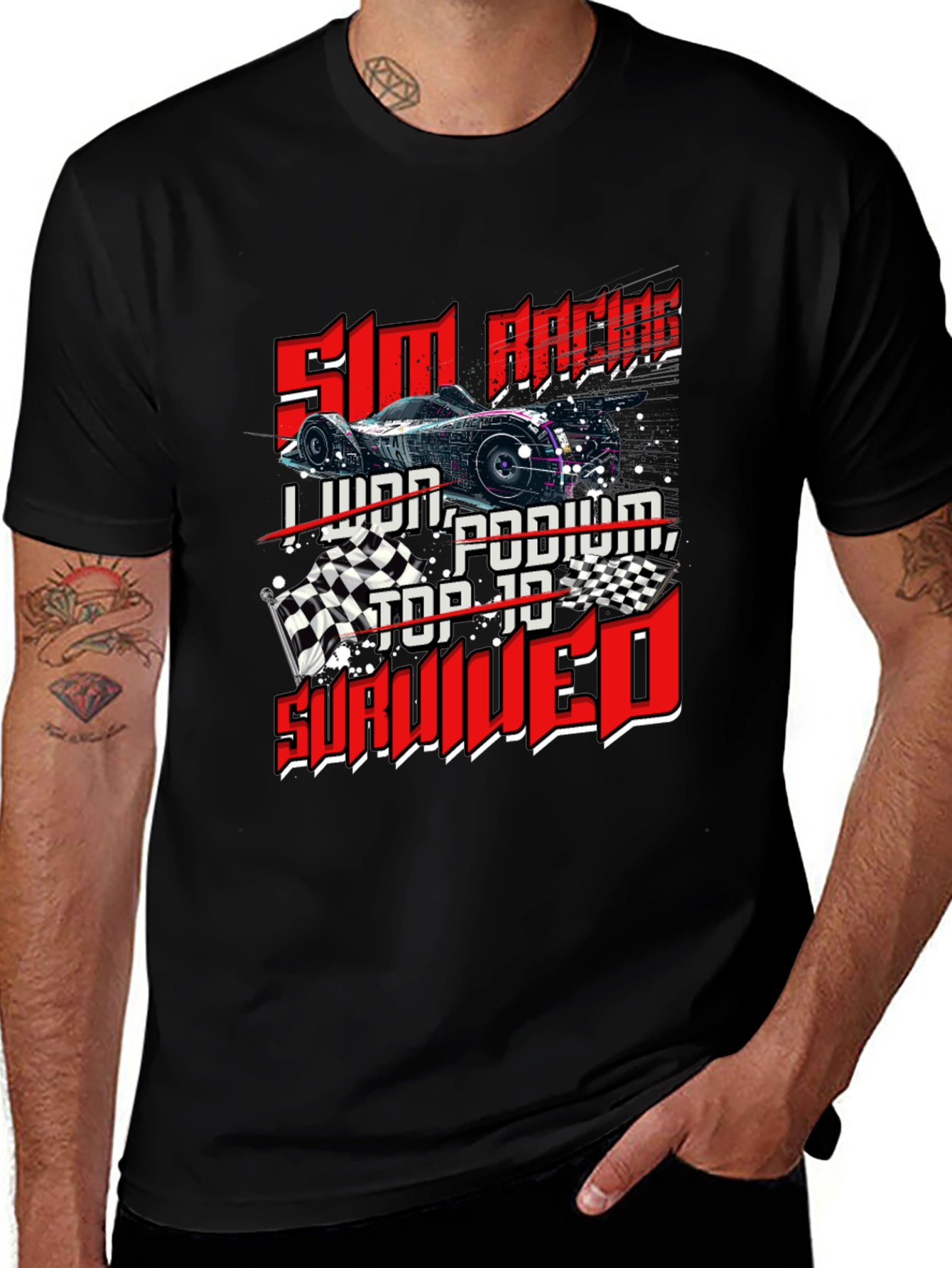 Sim Racing T-Shirt - I Lived, Podium, Top 10, Survived