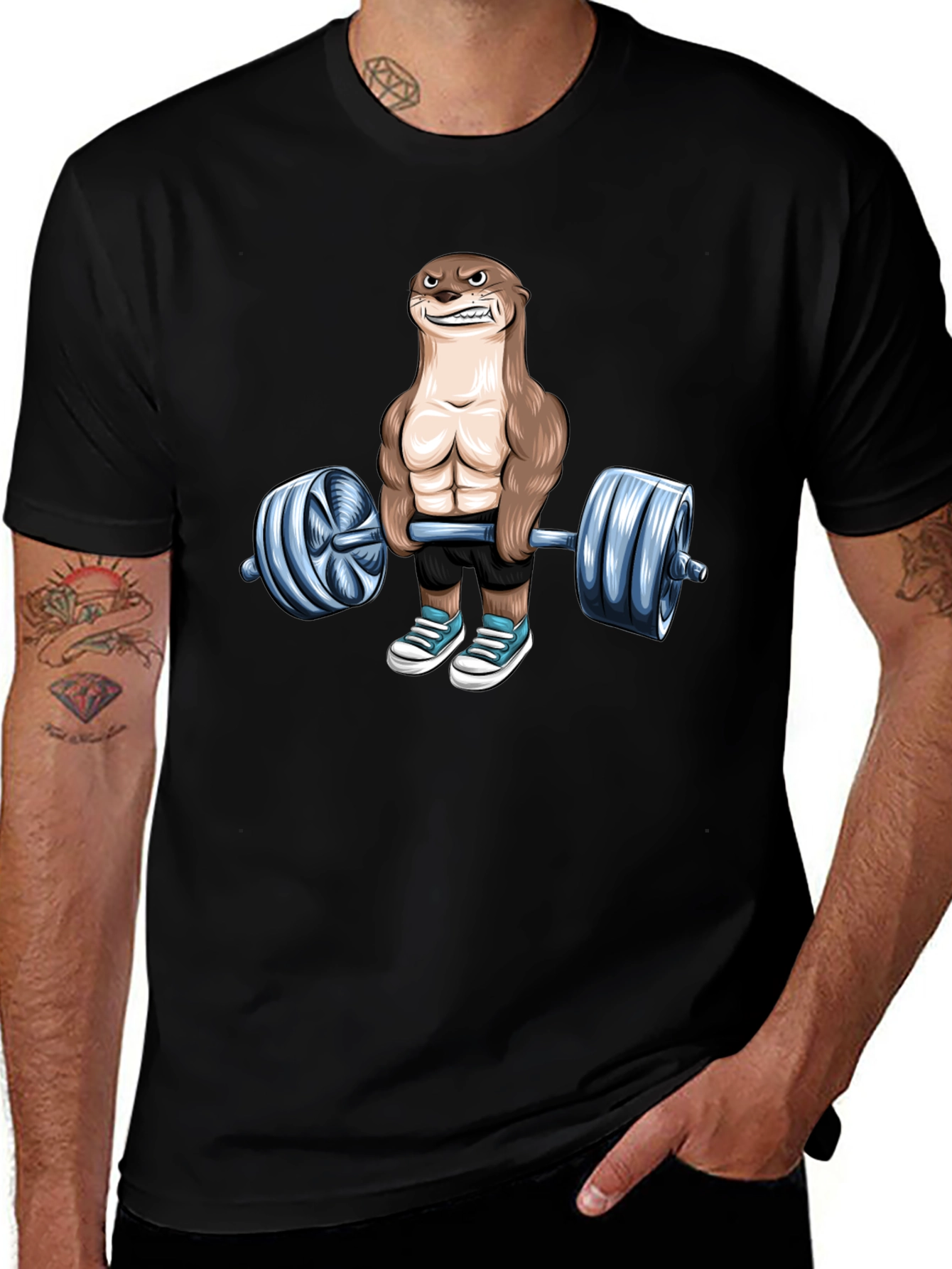 Black Funny Otter Lifting Weights T-Shirt Gym Lover main image