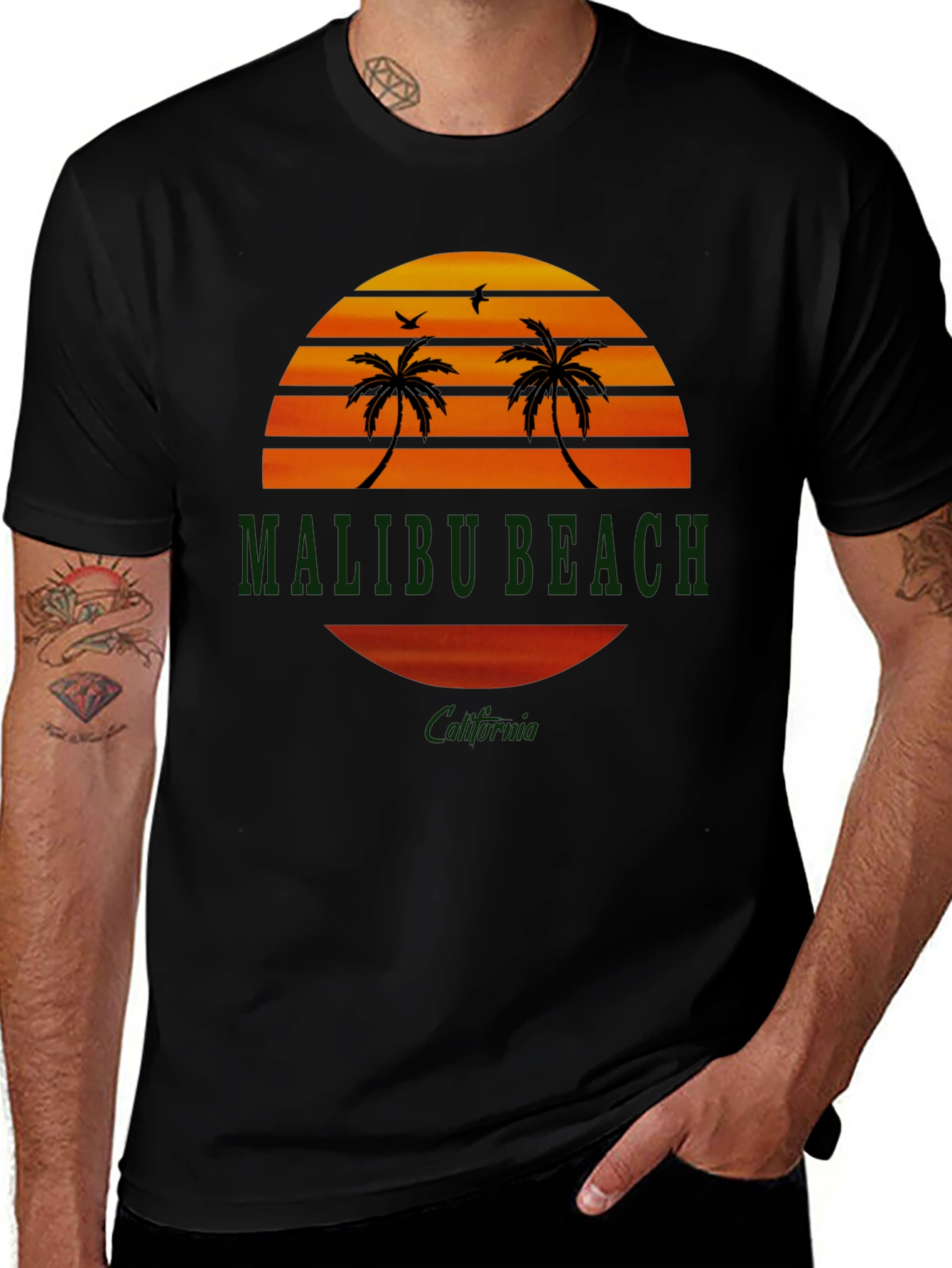 Malibu Beach California T-Shirt, Sunset Palm Tree Graphic Tee