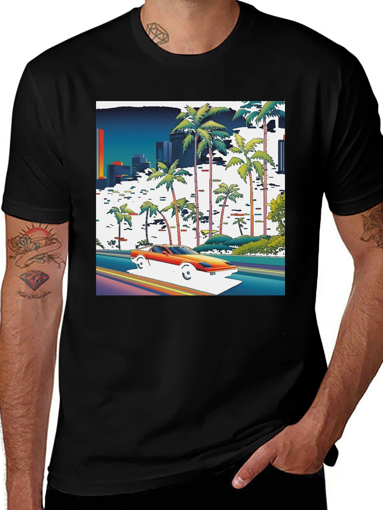 Variant 12 of Retro Miami Vice T-Shirt - Palm Trees, Car, and City Lights