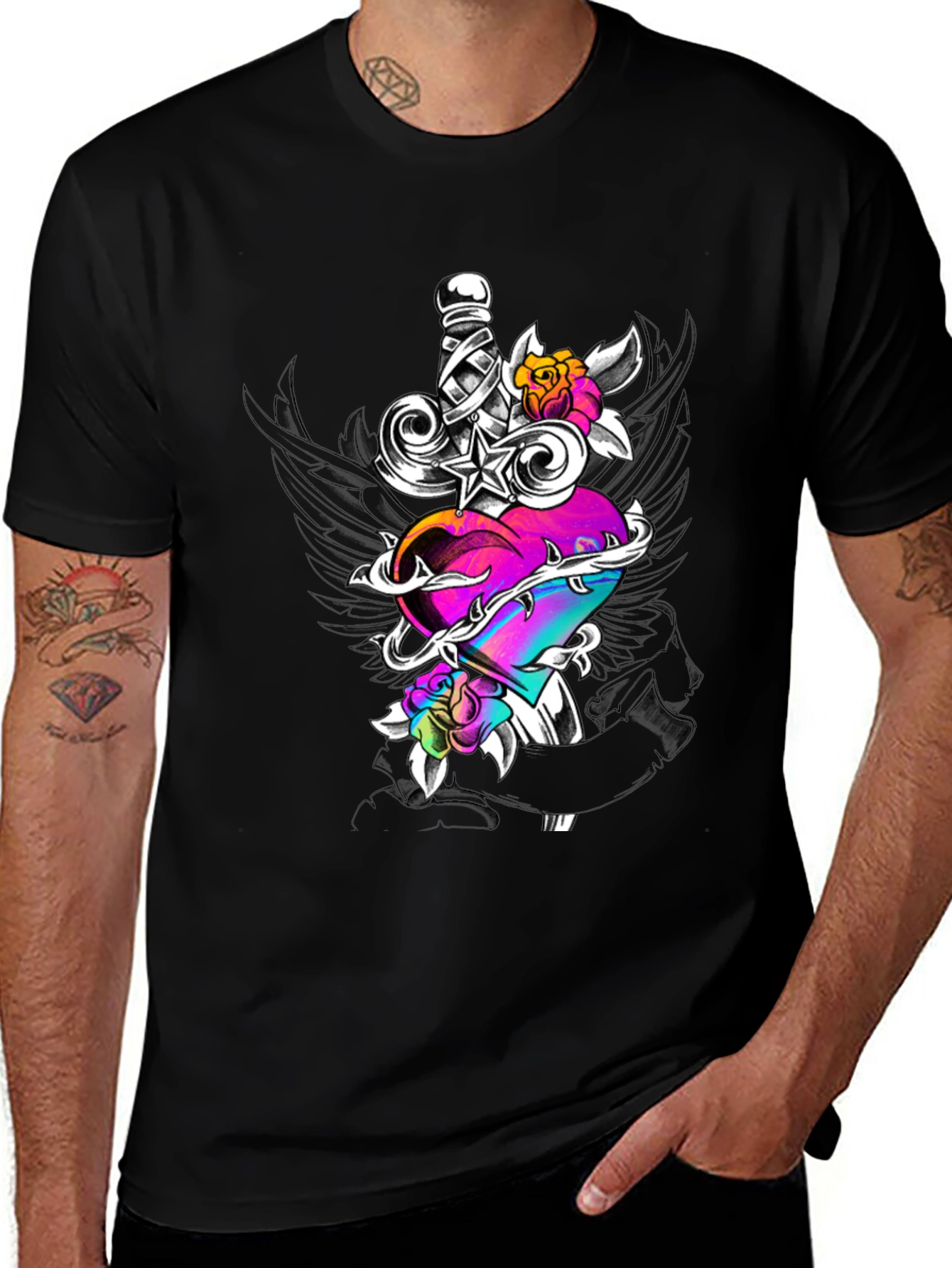 Variant 30 of Heart & Sword Graphic Print Tee - Trendy Black T-Shirt