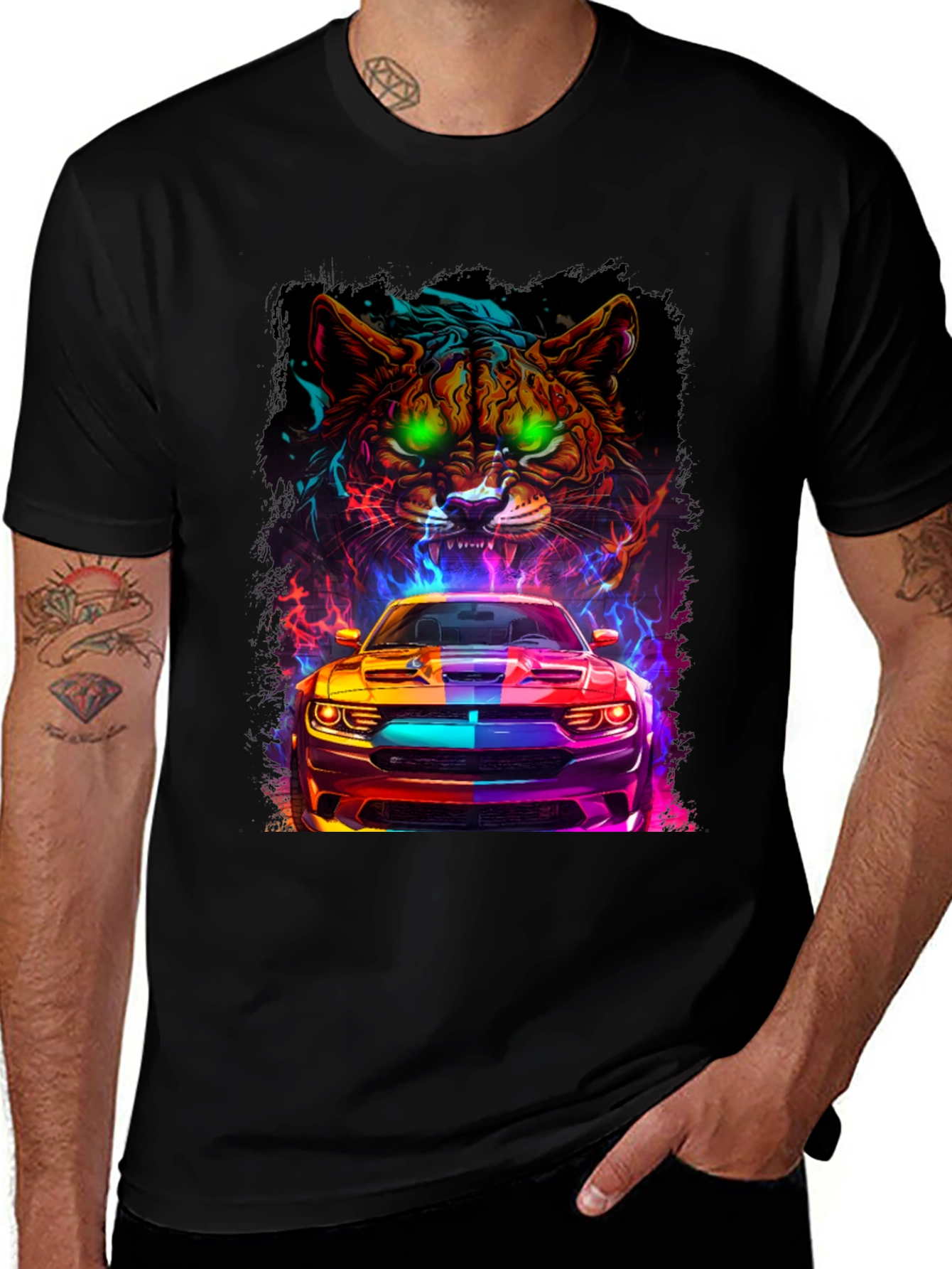 Variant 3 of Tiger Car T-Shirt - Neon Graphic Print