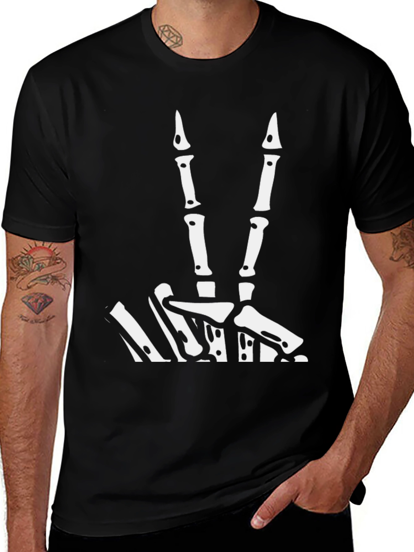 Skeleton Hand Peace Sign Graphic Tee - Black