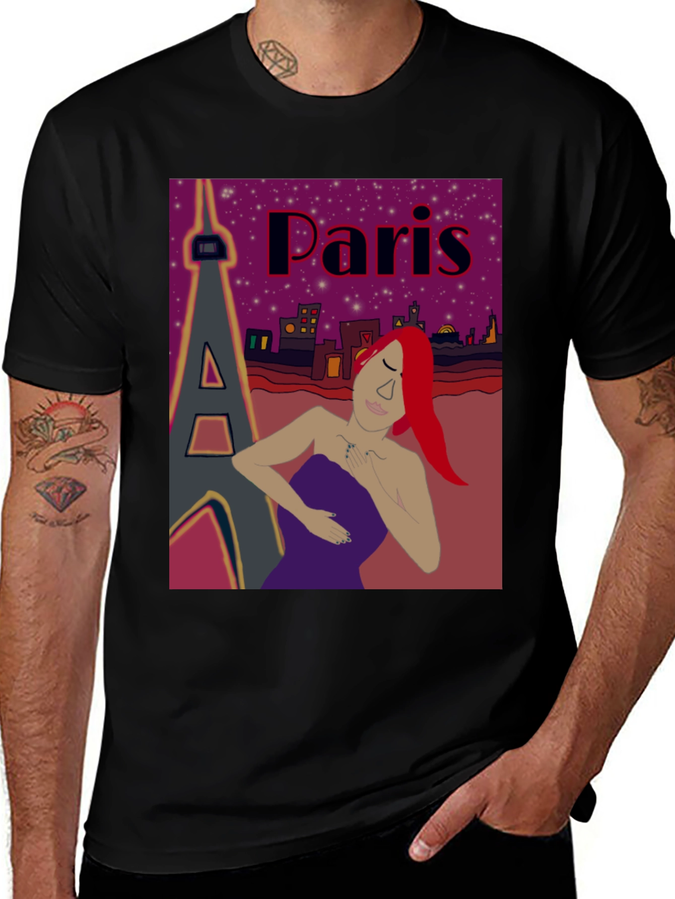 Parisian Dreamscape T-Shirt - Eiffel Tower and Redhead Design