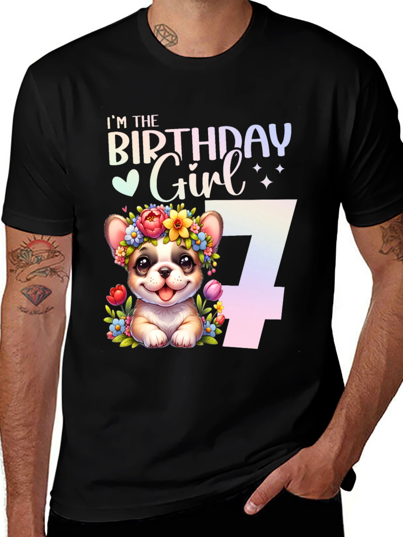 Birthday Girl 7 T-Shirt - Cute Puppy Floral Design
