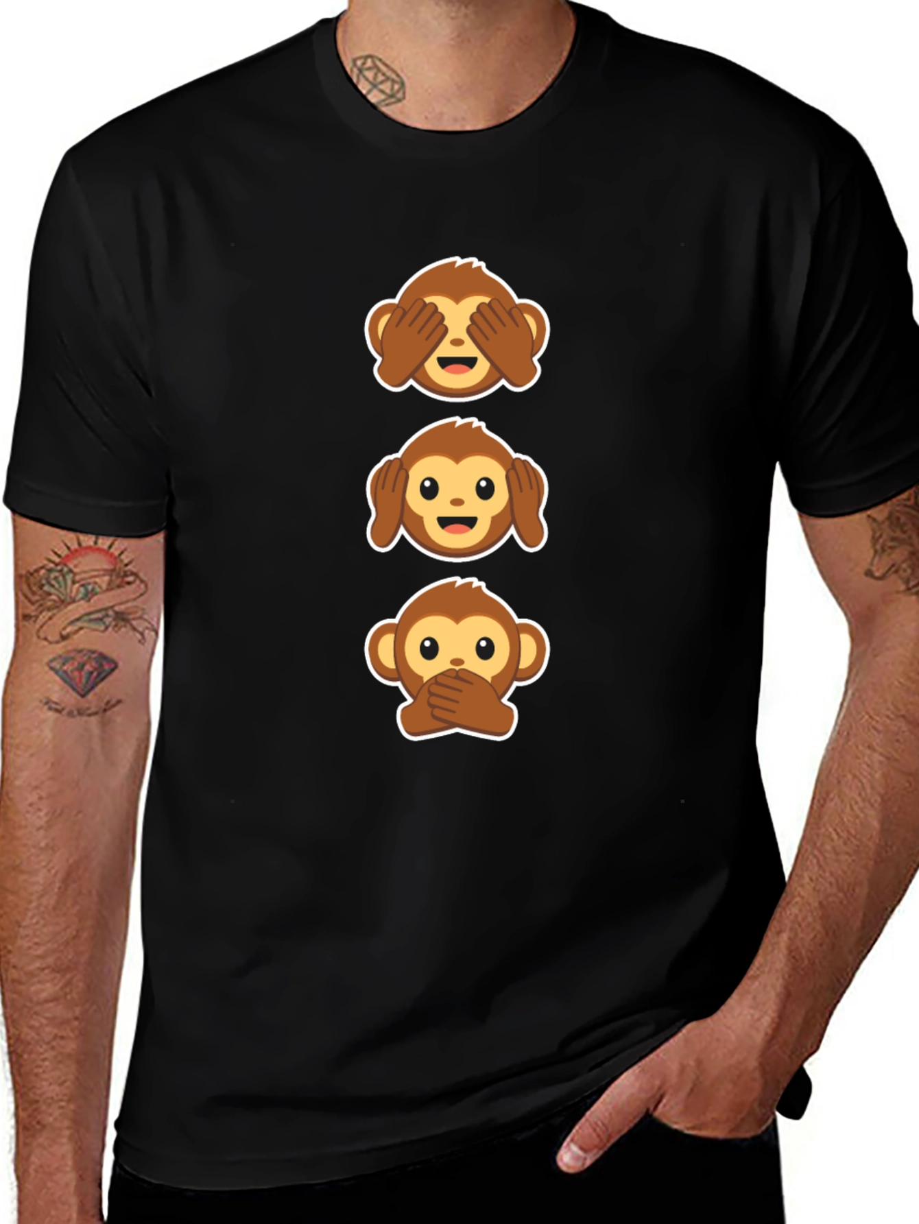 Hear See Speak No Evil Monkey Emoji Black T-Shirt