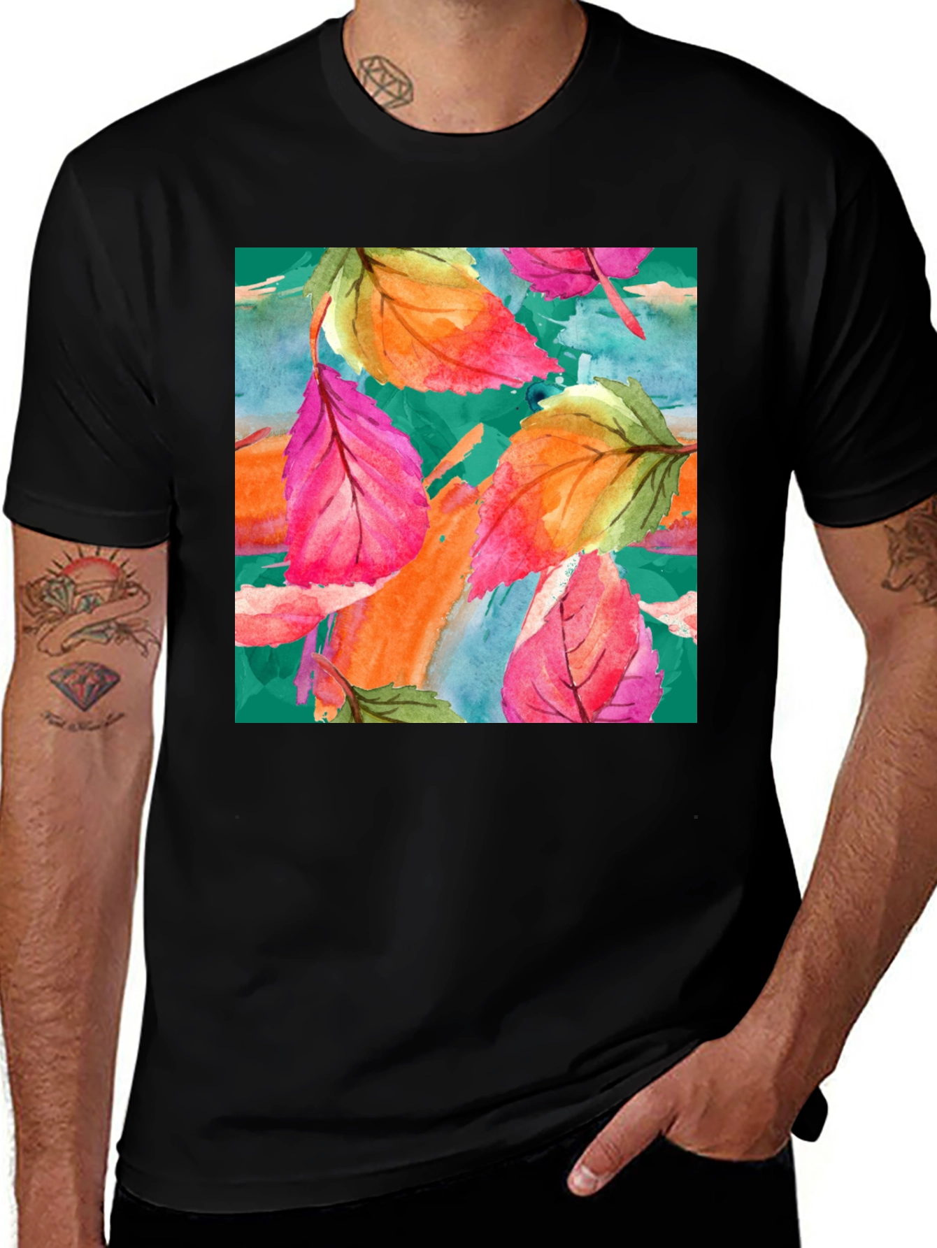 Variant 25 of Watercolor Leaf Print Black T-Shirt