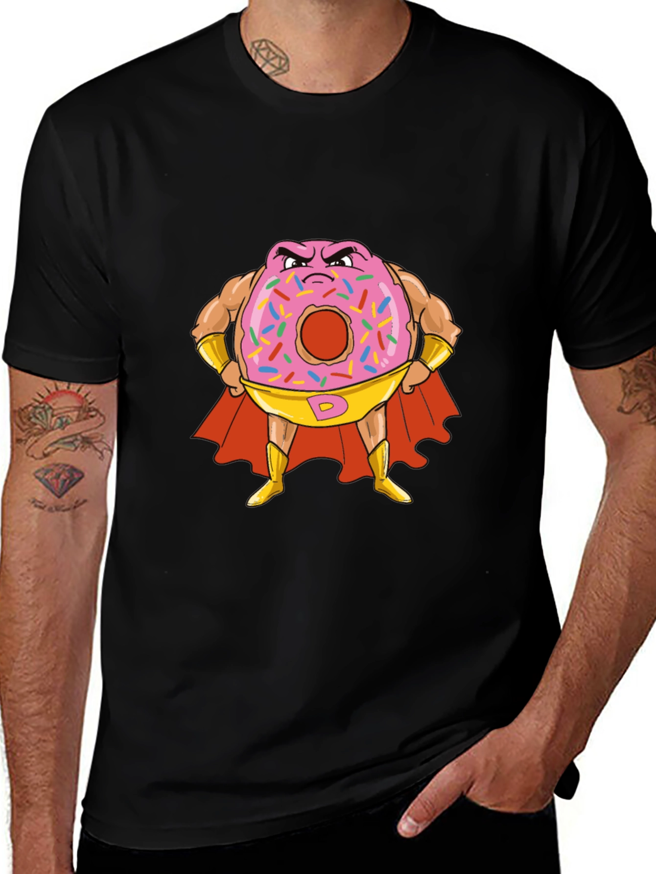 Variant 20 of Donut Superhero Graphic Tee - Black Cotton T-Shirt