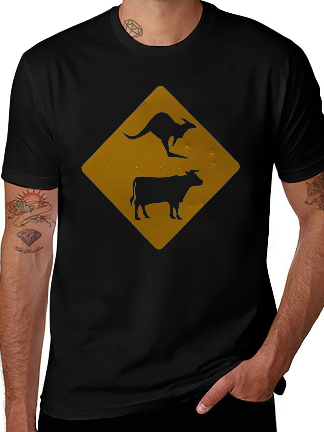 Variant 30 of Kangaroo and Cow Crossing Black T-Shirt