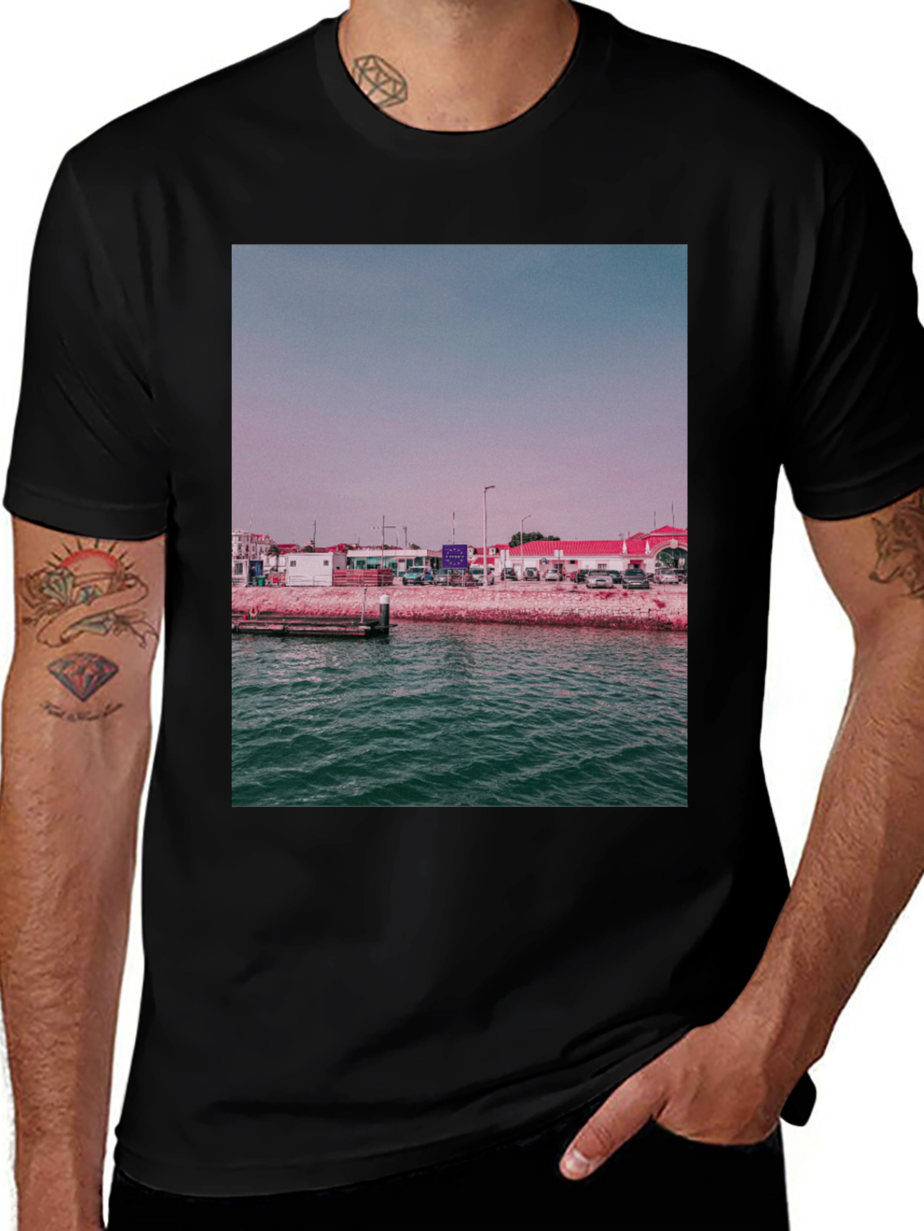 Variant 4 of Coastal View Graphic Tee - Black Cotton T-Shirt