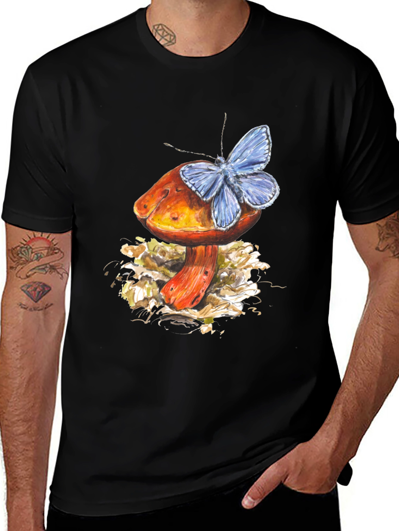 Variant 25 of Mushroom and Butterfly Graphic Tee - Stylish Black T-Shirt