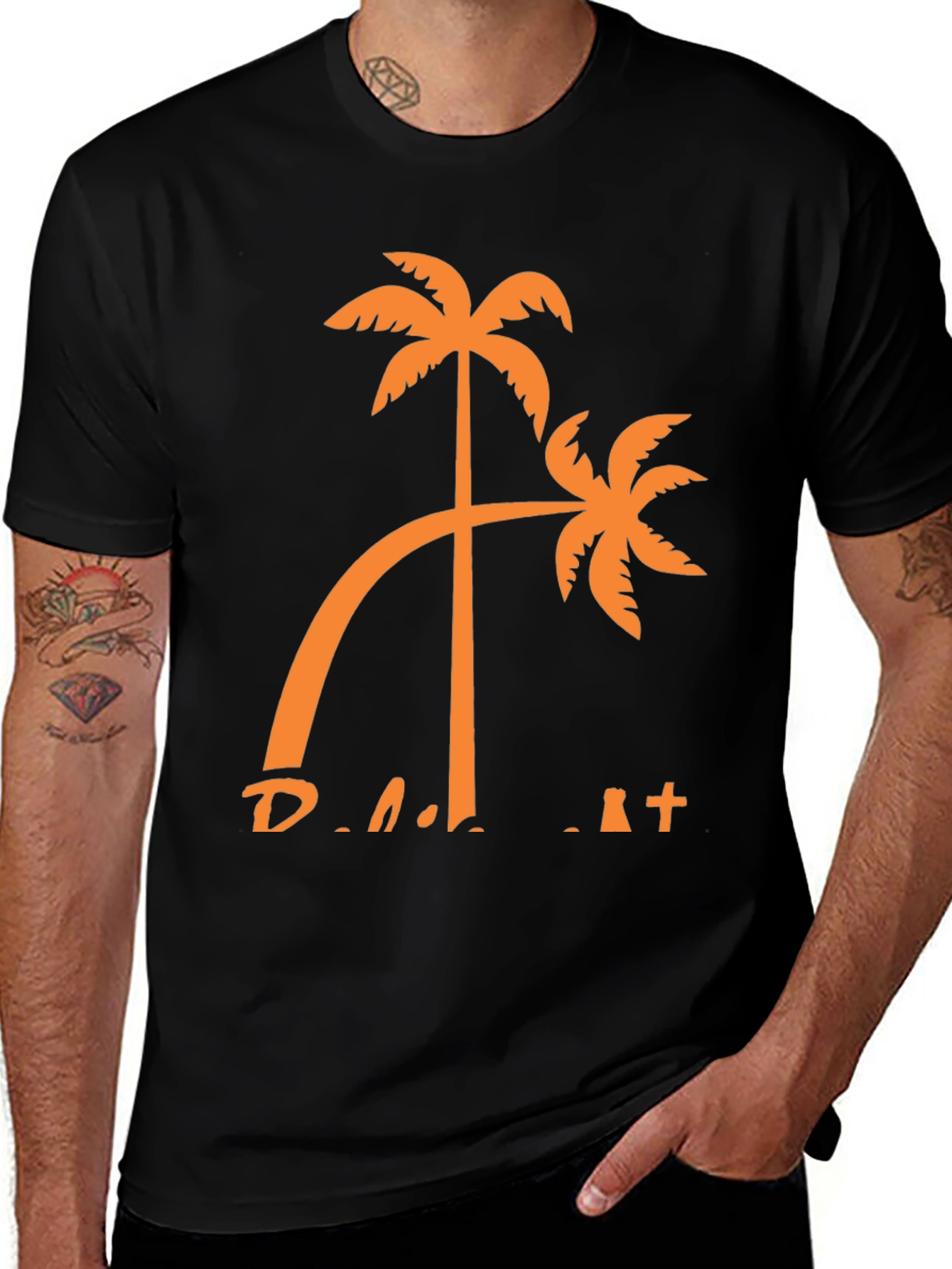 Variant 14 of Tropical Palm Tree Graphic Tee - Black Cotton T-Shirt