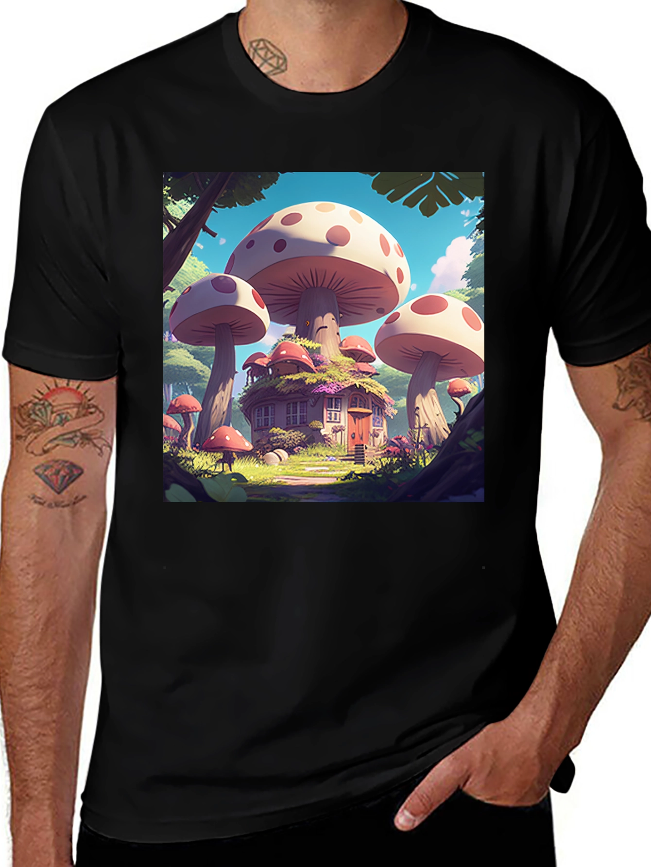 Variant 9 of Mushroom House Graphic Tee - Whimsical Forest Design