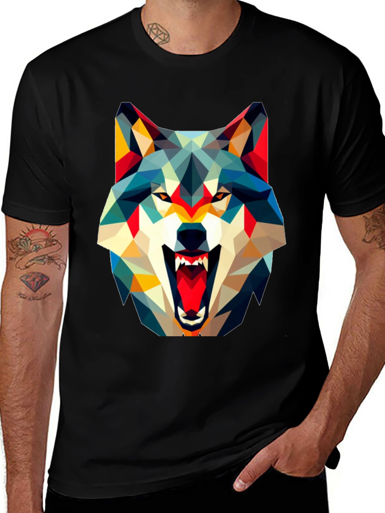 Variant 14 of Geometric Wolf Graphic Black T-Shirt