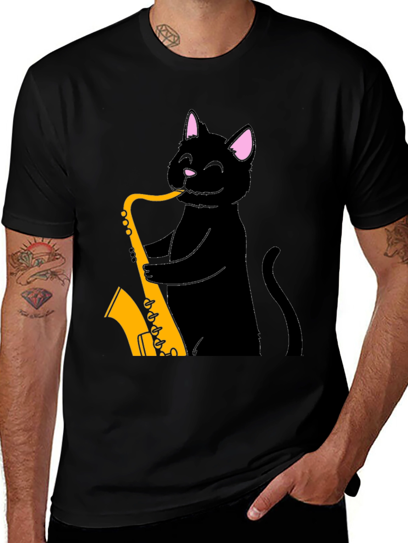 Variant 27 of Black Cat Saxophone T-Shirt - Cool Music Tee