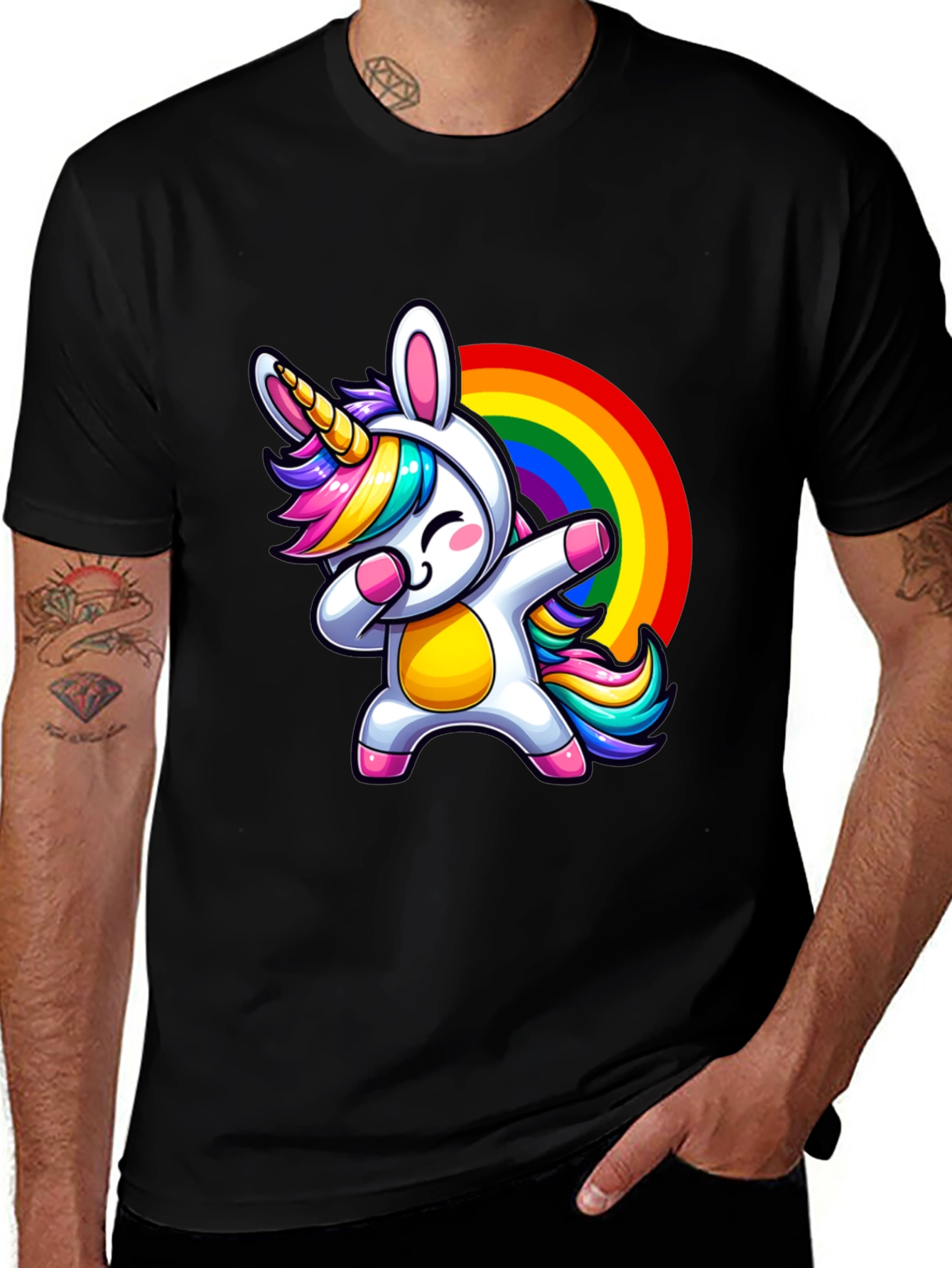 Variant 17 of Dabbing Unicorn Rainbow Graphic Tee - Black Cotton Shirt