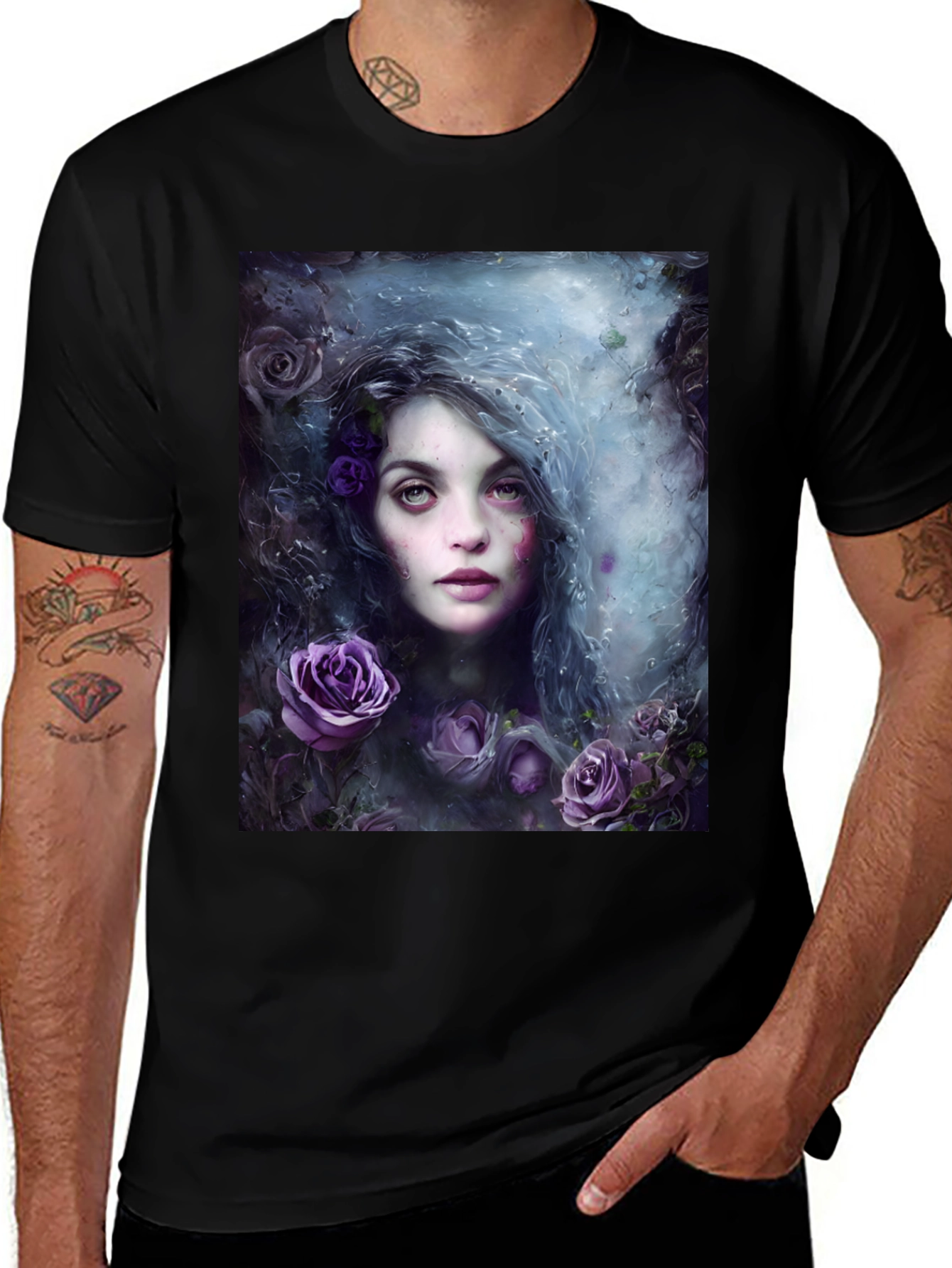 Variant 25 of Gothic Rose Girl T-Shirt - Dark Floral Tee
