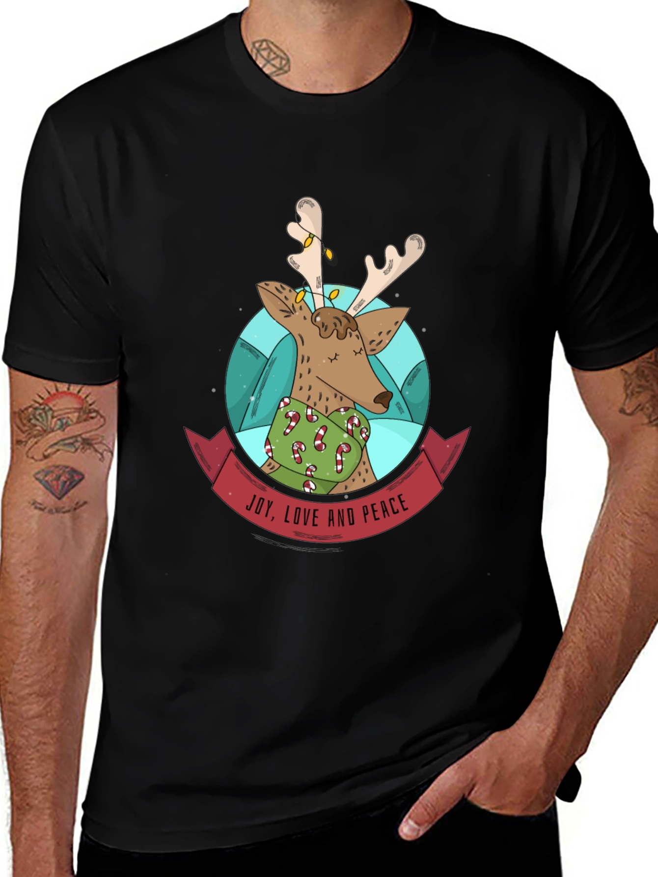 Variant 7 of Festive Reindeer T-Shirt: Joy, Love, & Peace