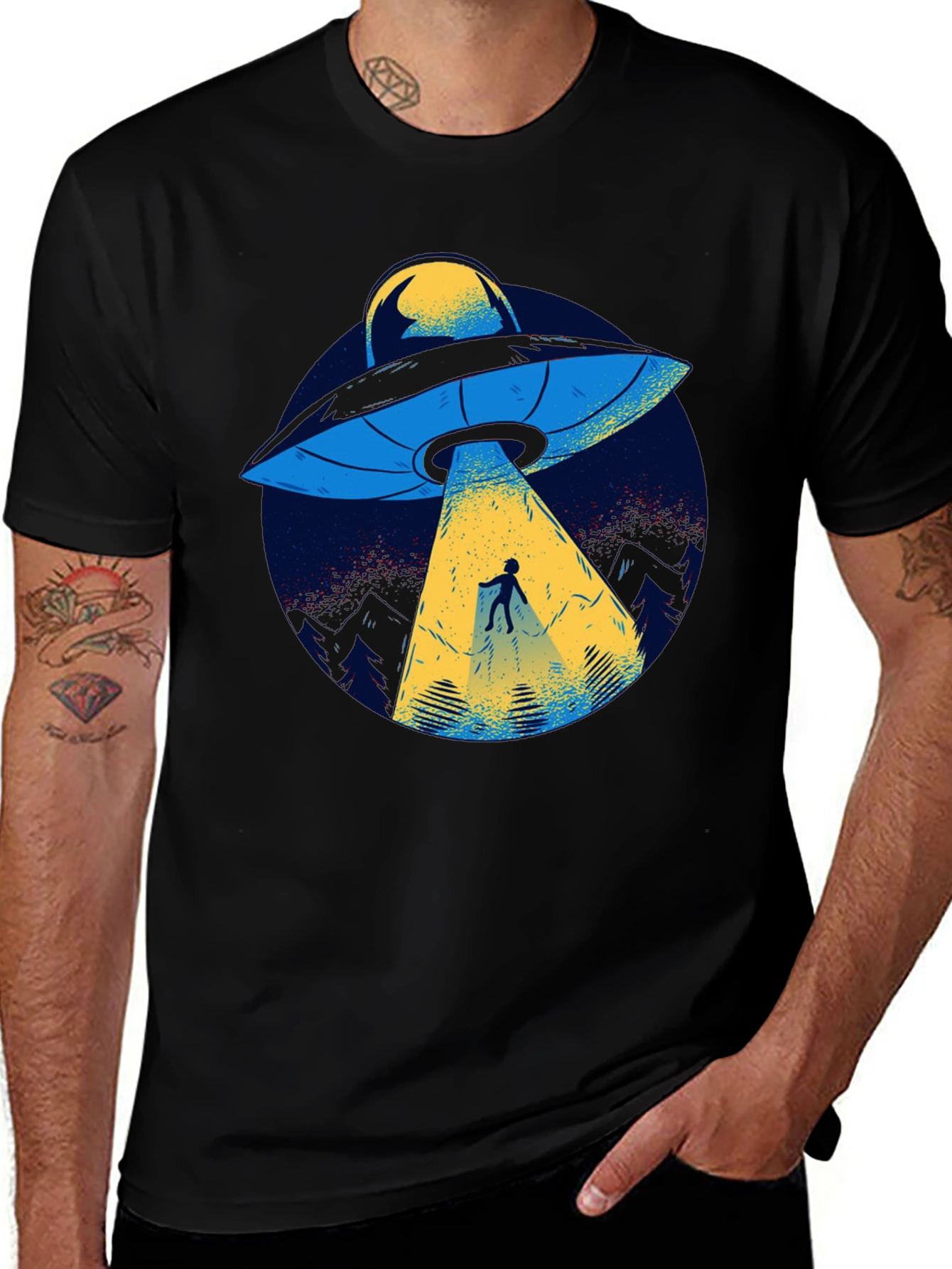 UFO Abduction Graphic Tee - Black Cotton T-Shirt