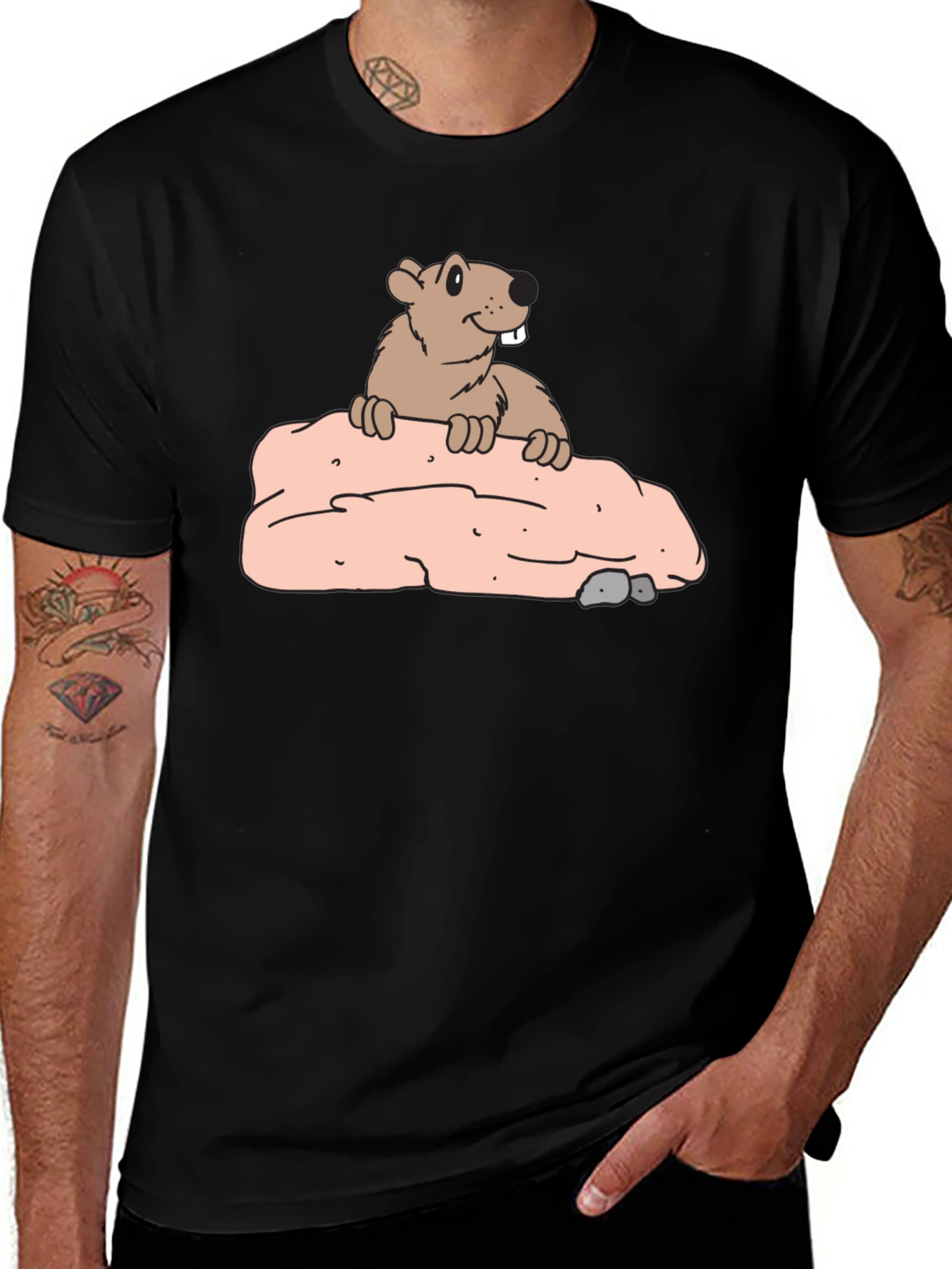 Variant 26 of Groundhog Cartoon Black T-Shirt