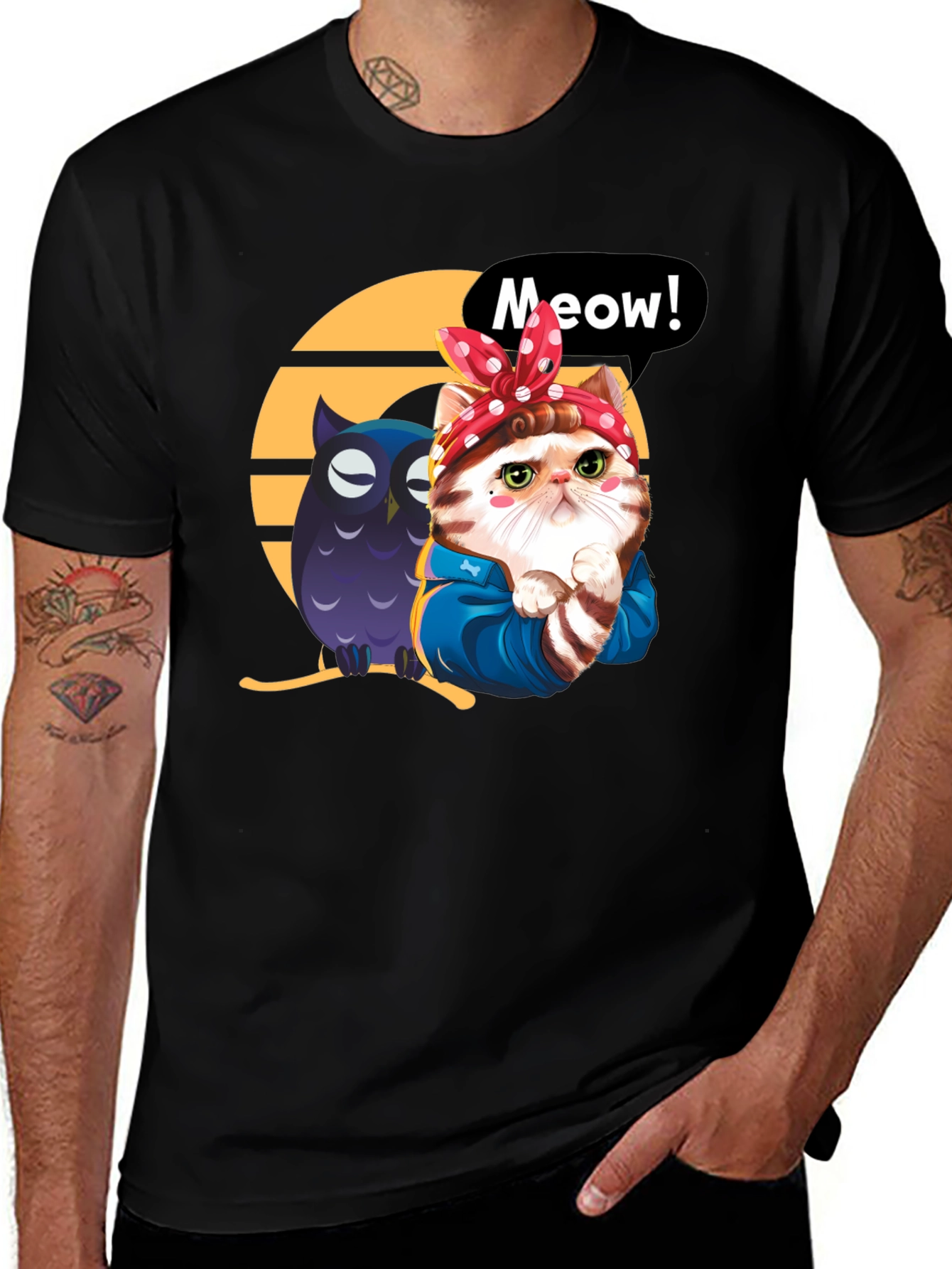 Variant 16 of Cute Cat & Owl Black Graphic T-Shirt
