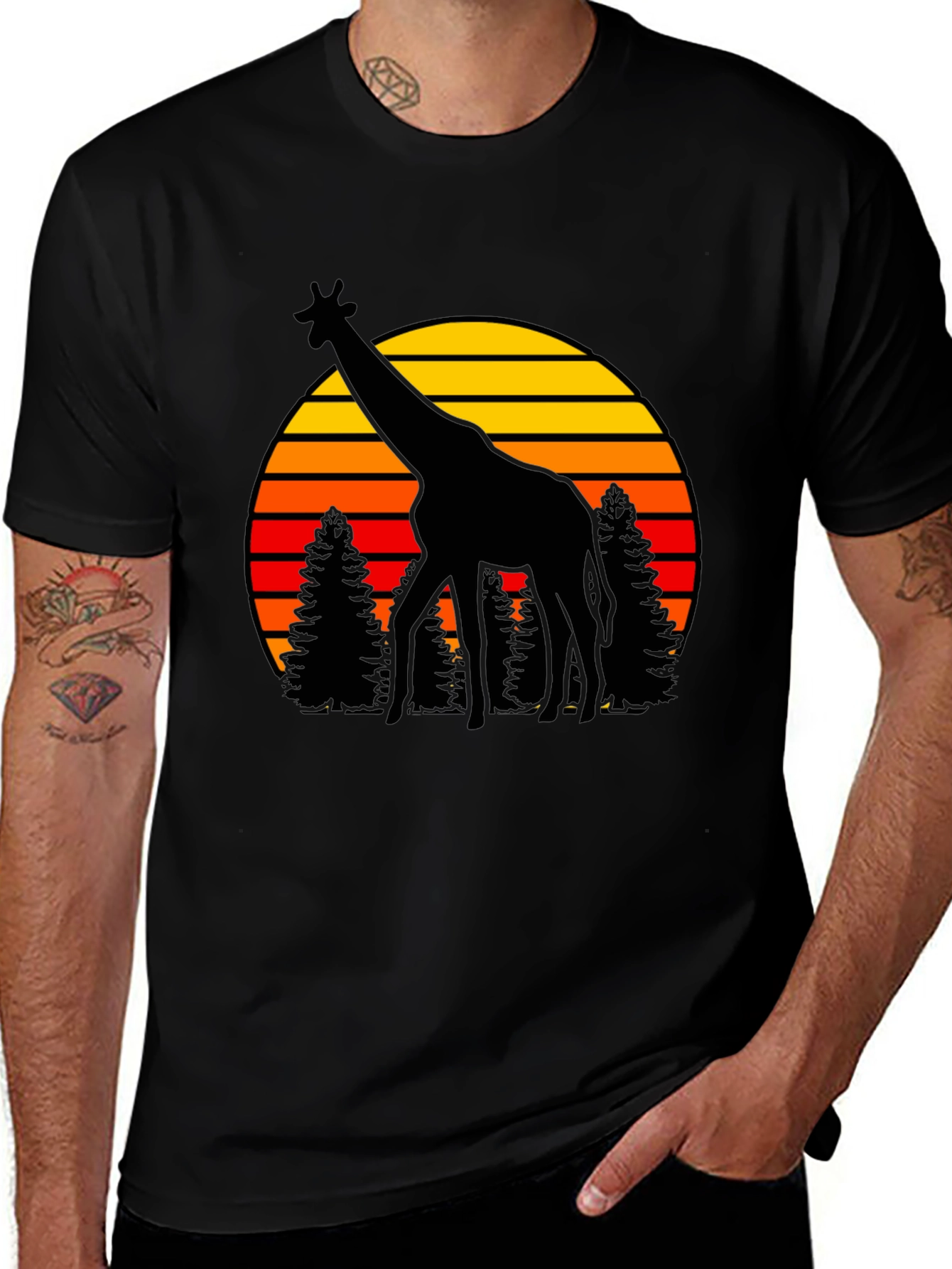 Variant 28 of Giraffe Sunset Graphic Tee - Black Cotton T-Shirt