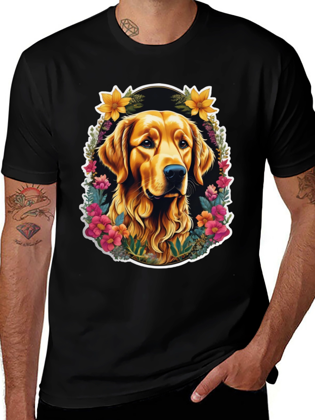 Golden Retriever Floral Wreath Black T-Shirt