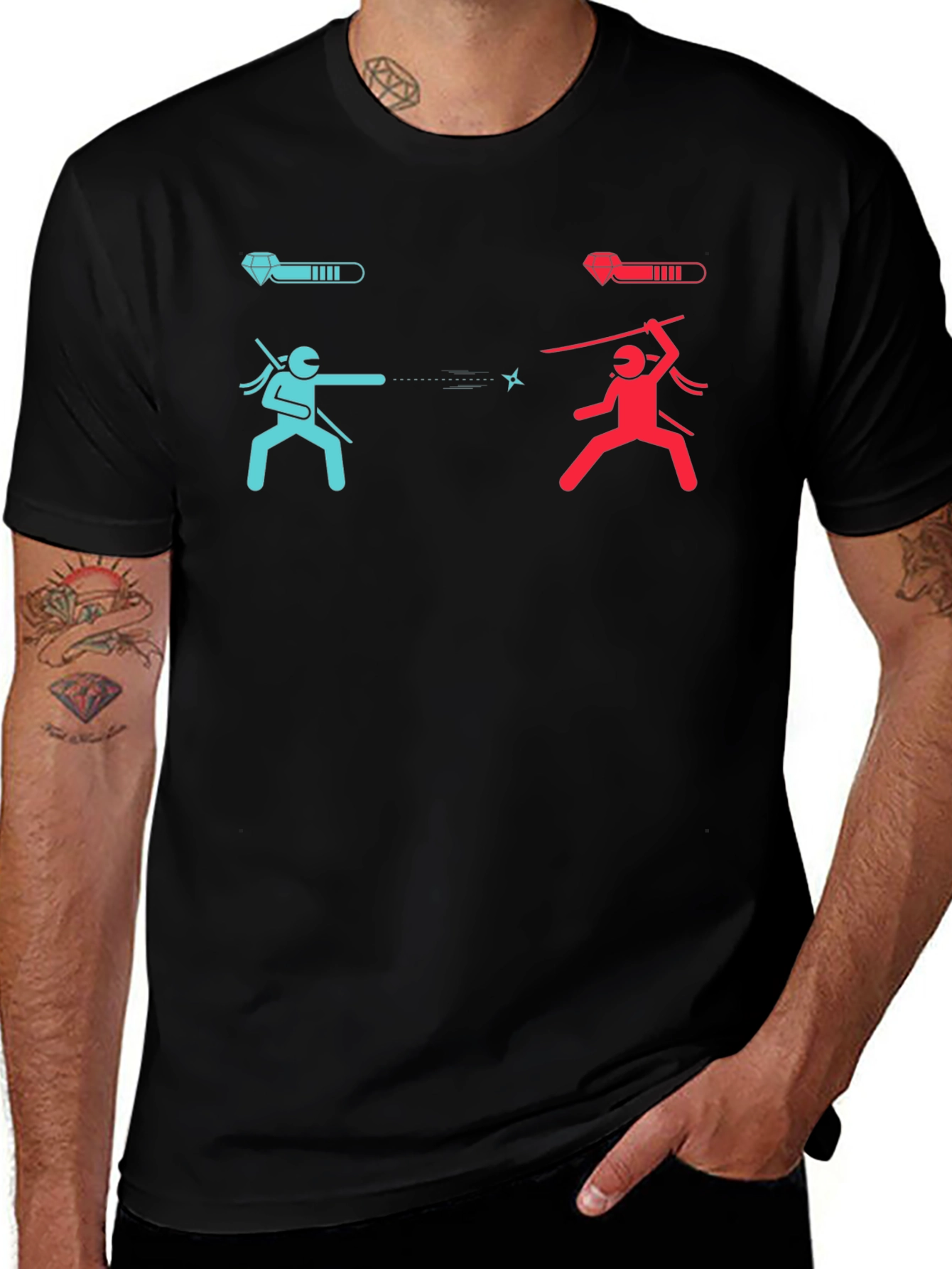 Variant 4 of Ninja Fight Tee - Blue vs Red Gamer T-Shirt