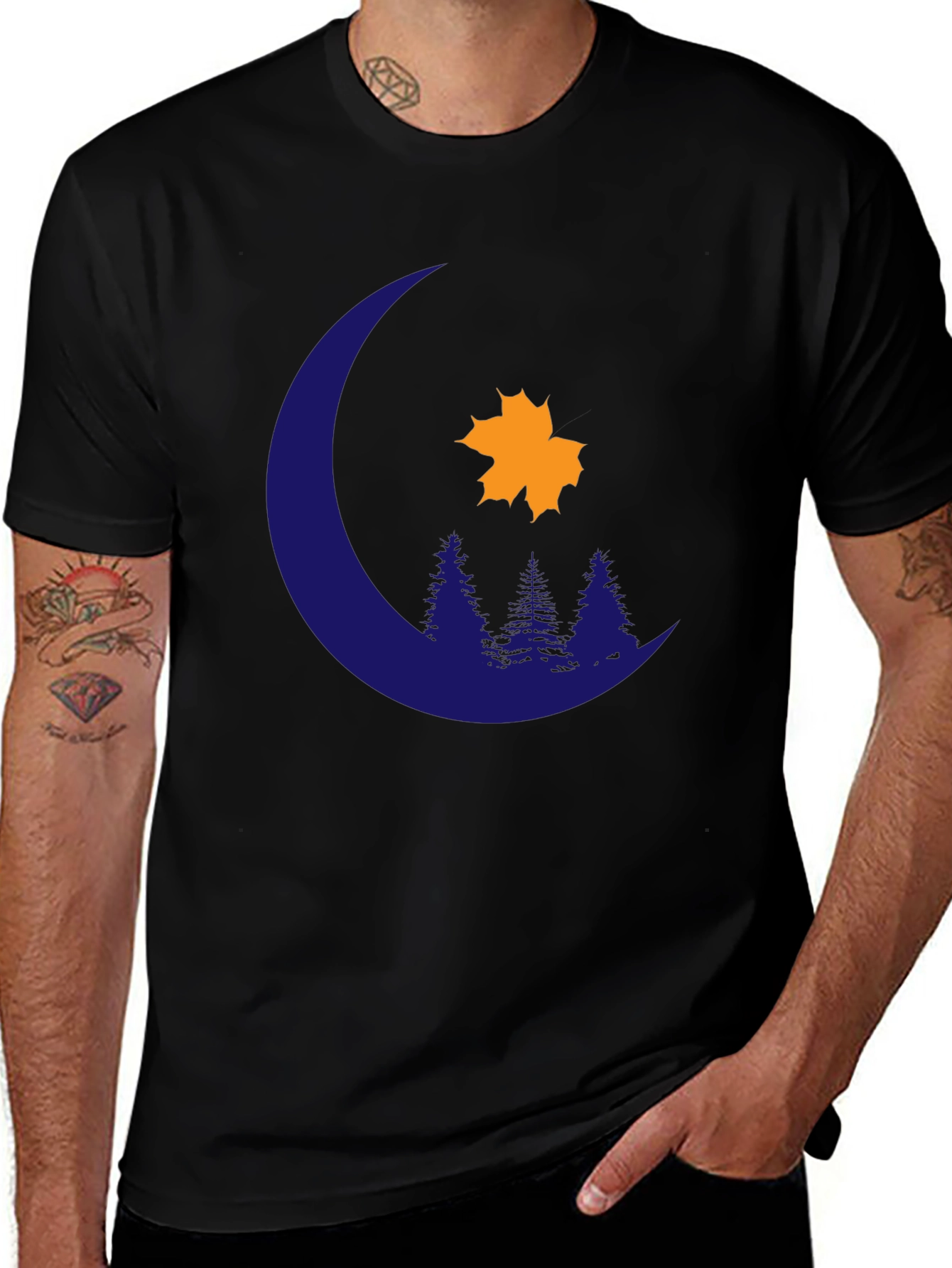 Variant 14 of Nature's Embrace Tee: Moon, Trees, Maple Leaf Design