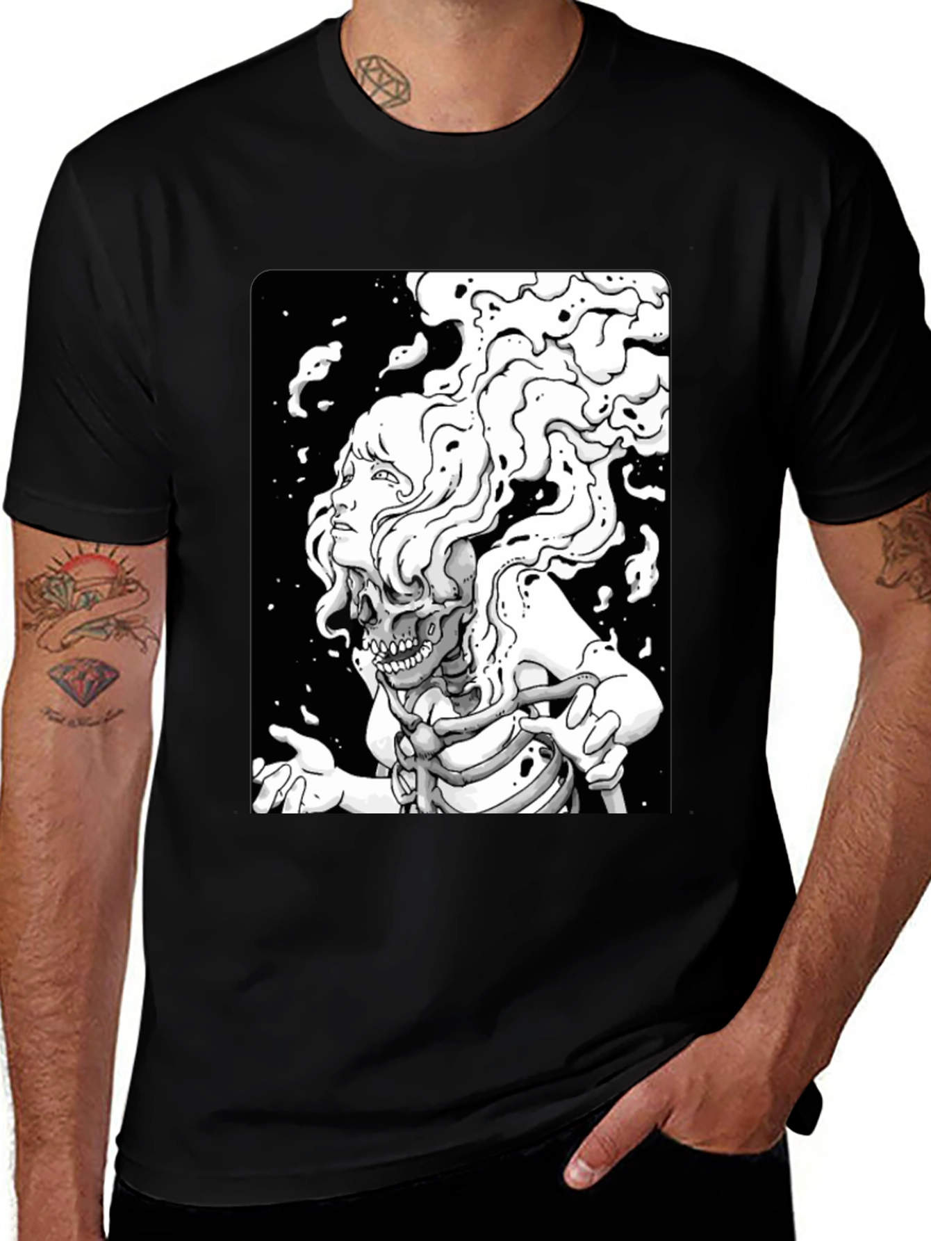 Variant 26 of Graphic Black T-Shirt with Skeleton Woman Design