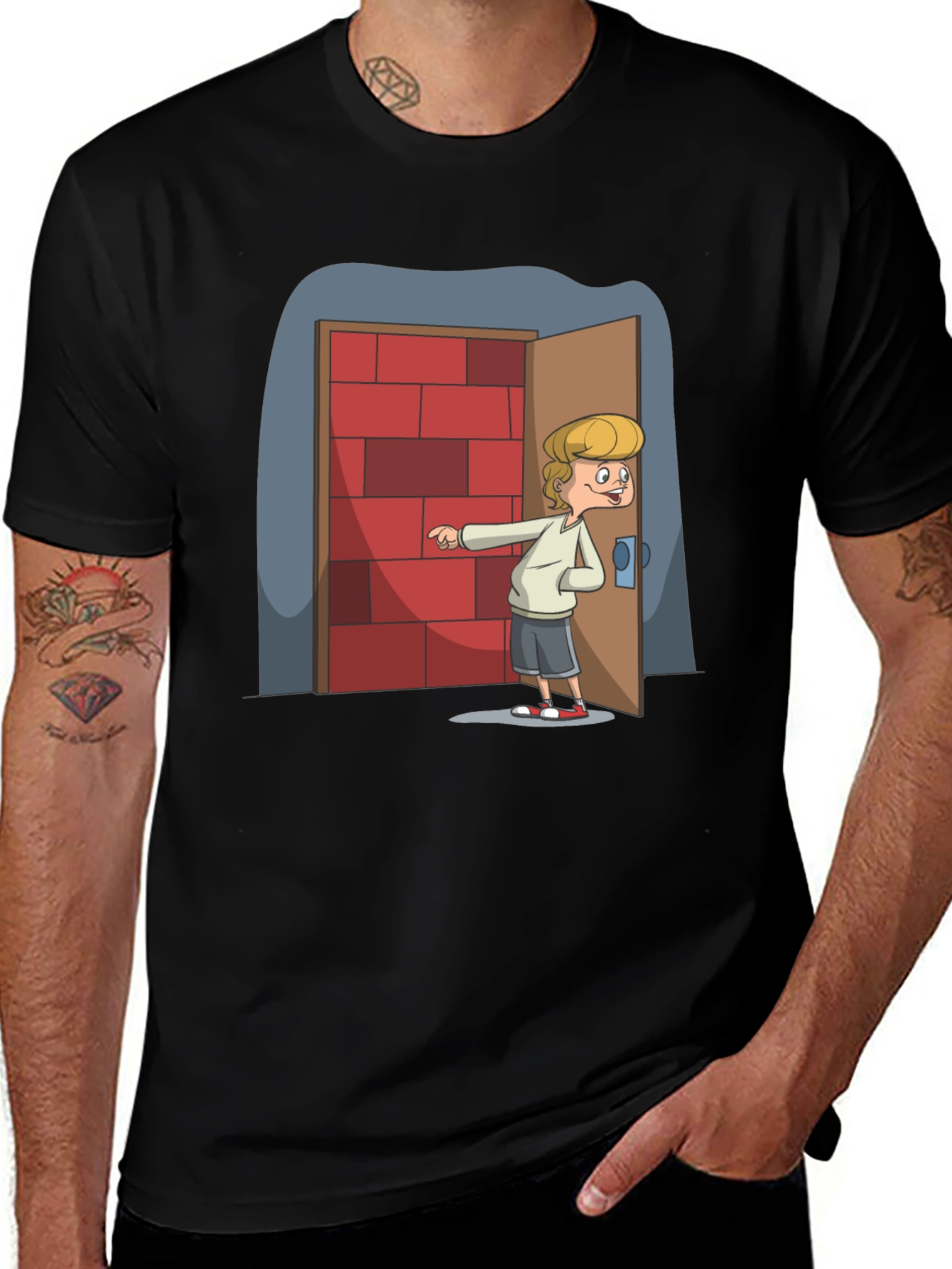 Variant 14 of Cartoon Graphic Tee - "Man at Door"