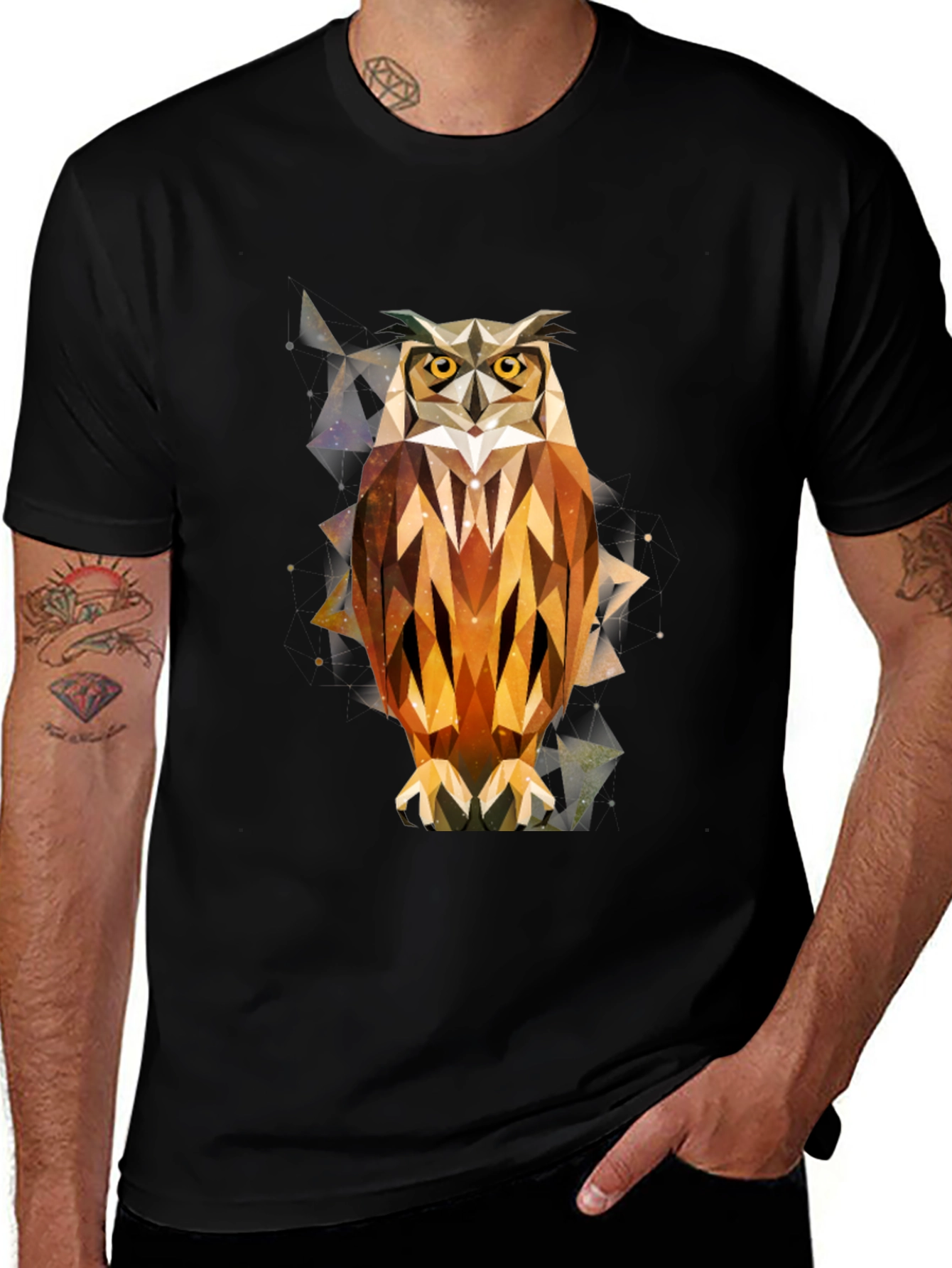Variant 4 of Geometric Owl Print Black T-Shirt