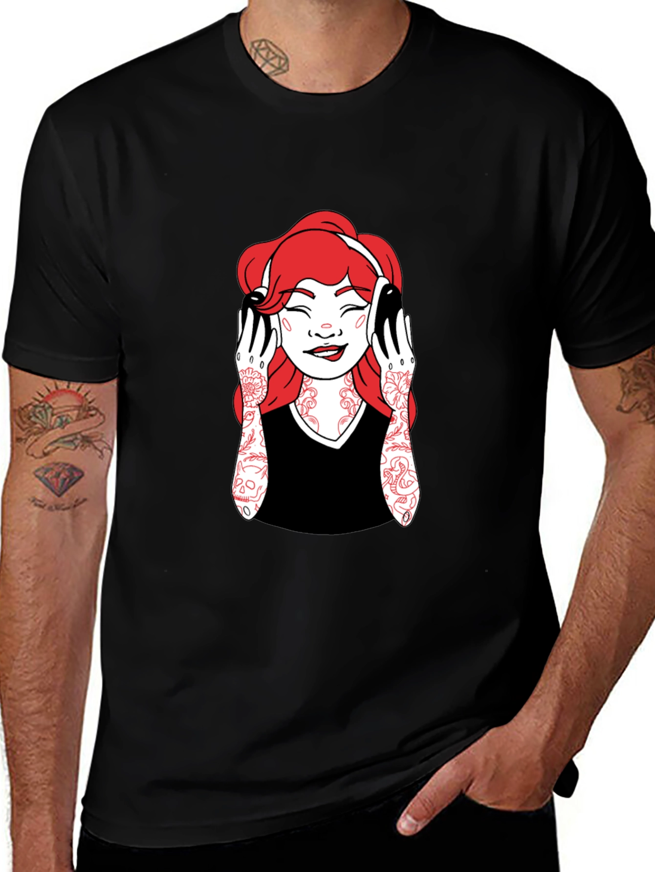 Variant 16 of Cartoon Tattoo Girl Headphones Black T-Shirt