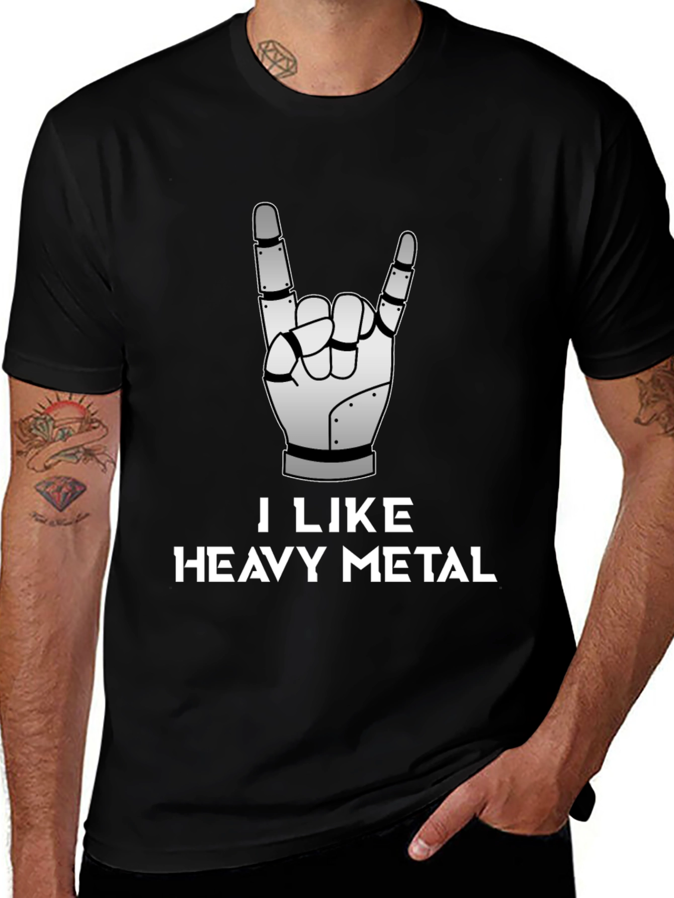 Black I Like Heavy Metal Robot Hand Graphic Tee main image