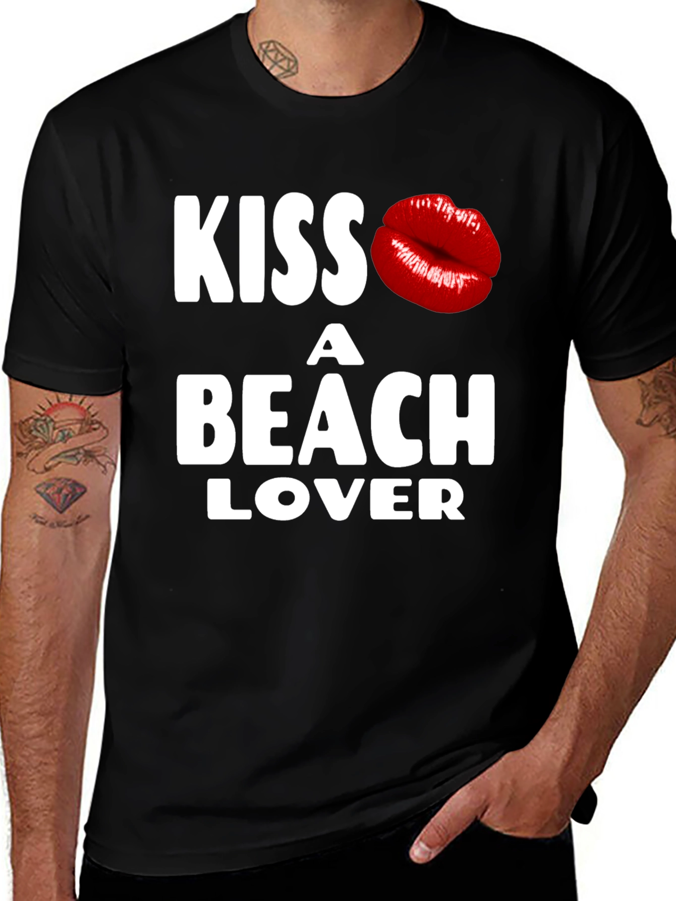Variant 2 of Kiss A Beach Lover Graphic Tee - Black Cotton T-Shirt