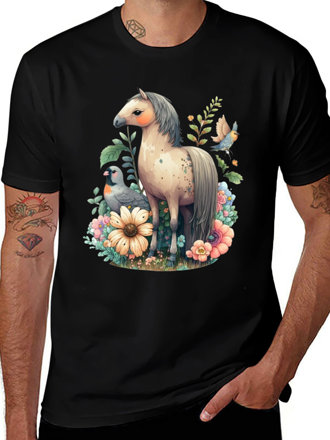 Variant 25 of Floral Horse Graphic Tee - Men's Black T-Shirt