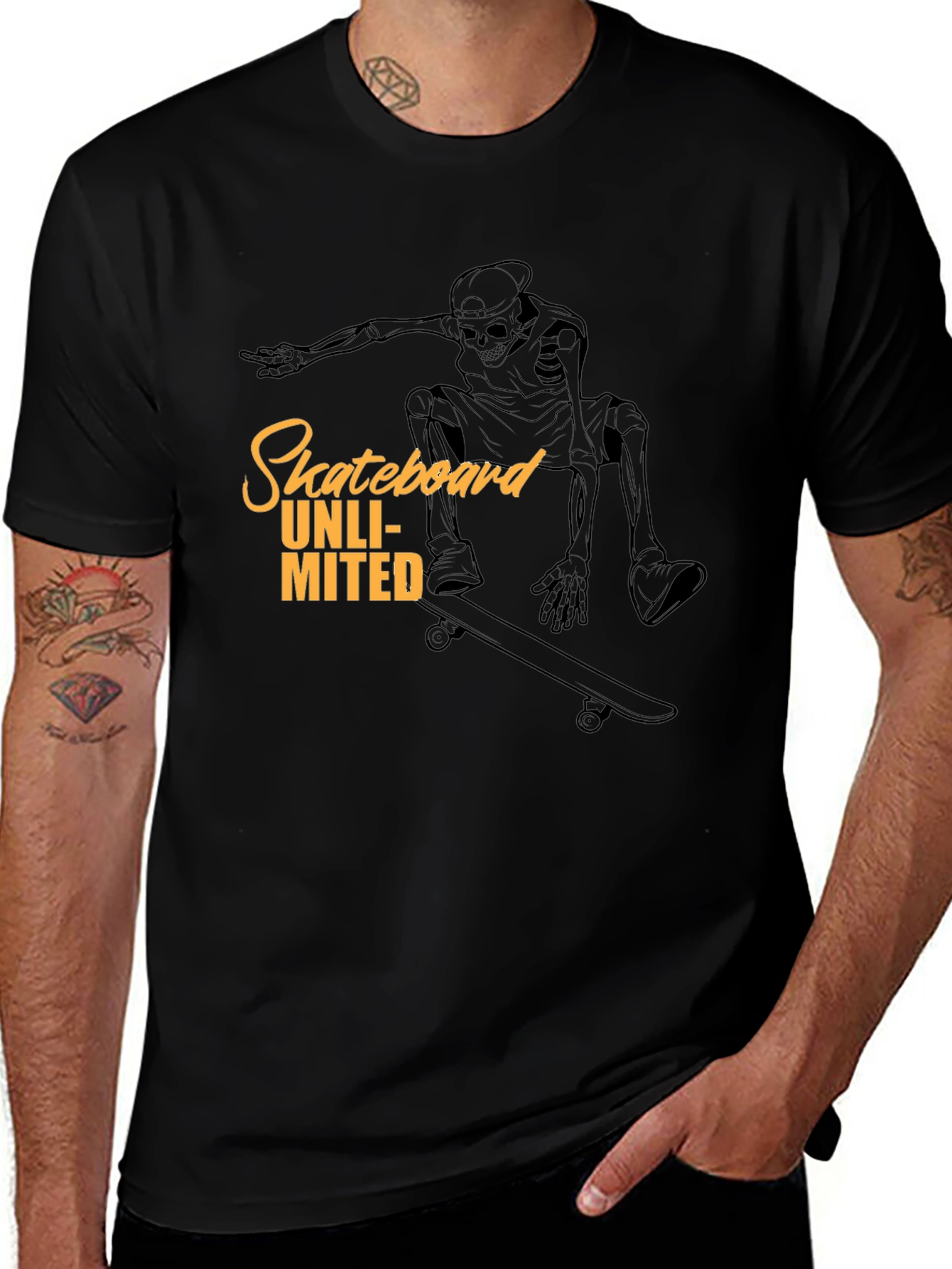 Black Skateboard Unlimited Black T-Shirt - Skeleton Rider Design main image