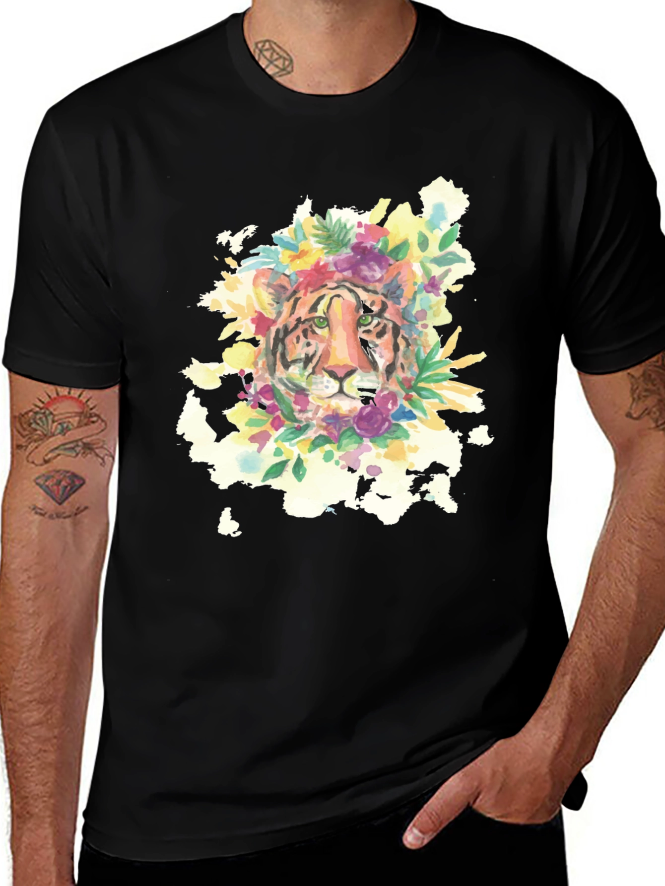 Variant 14 of Floral Tiger Graphic Tee - Men's Black T-Shirt
