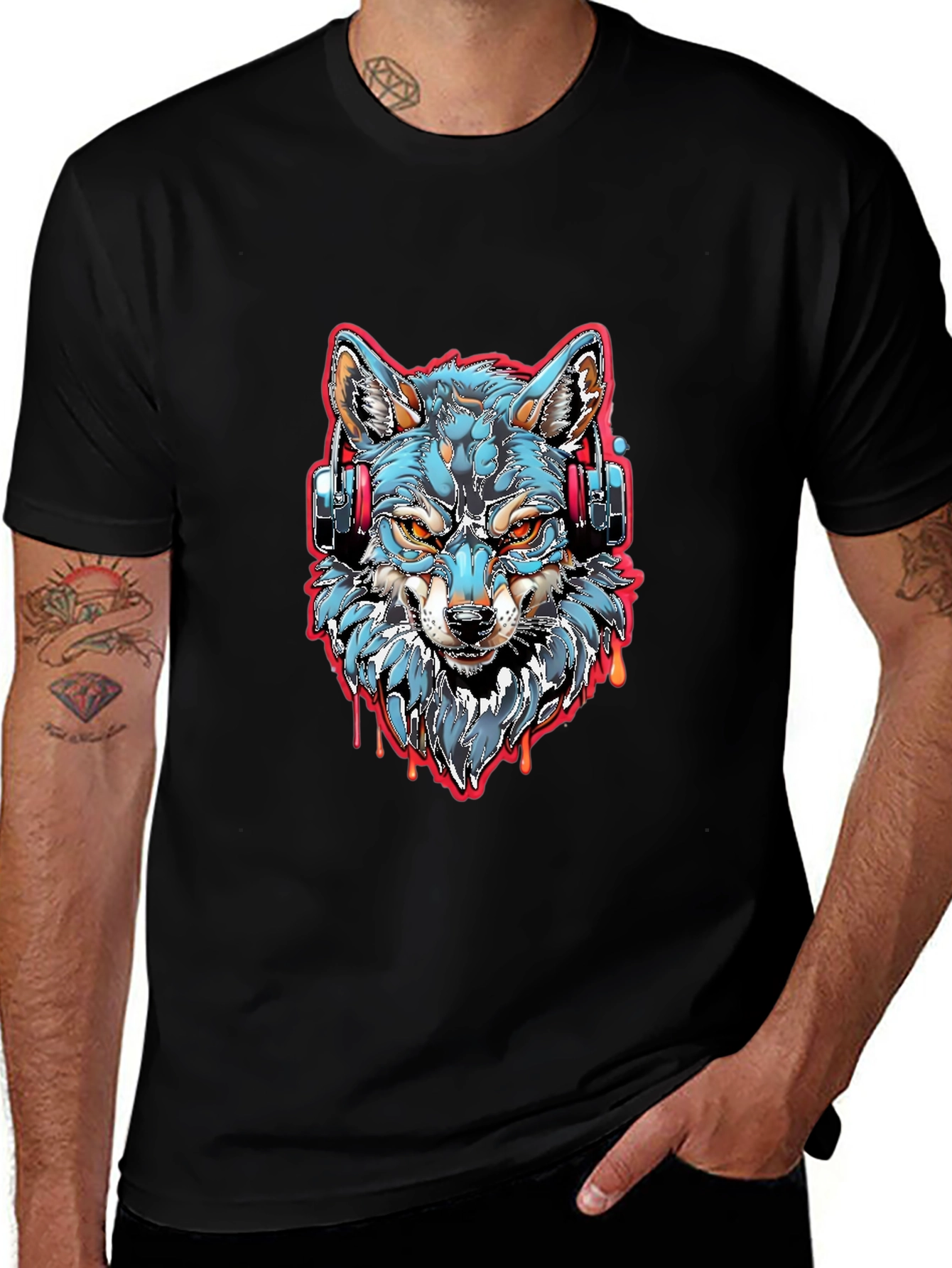 Variant 23 of Wolf Headphones Graphic Tee - Cool Black Shirt