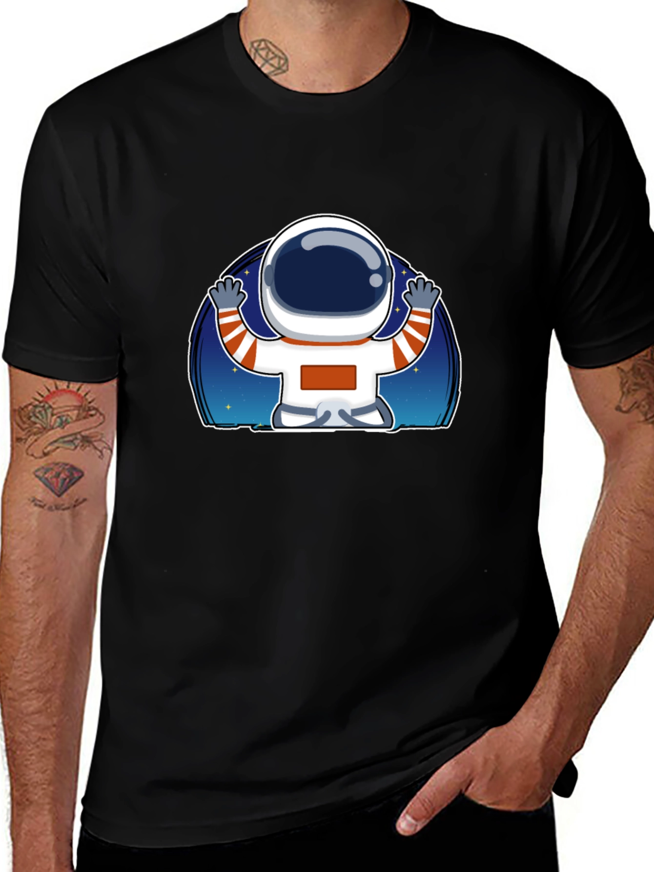 Variant 3 of Cartoon Astronaut Graphic Print Black T-Shirt