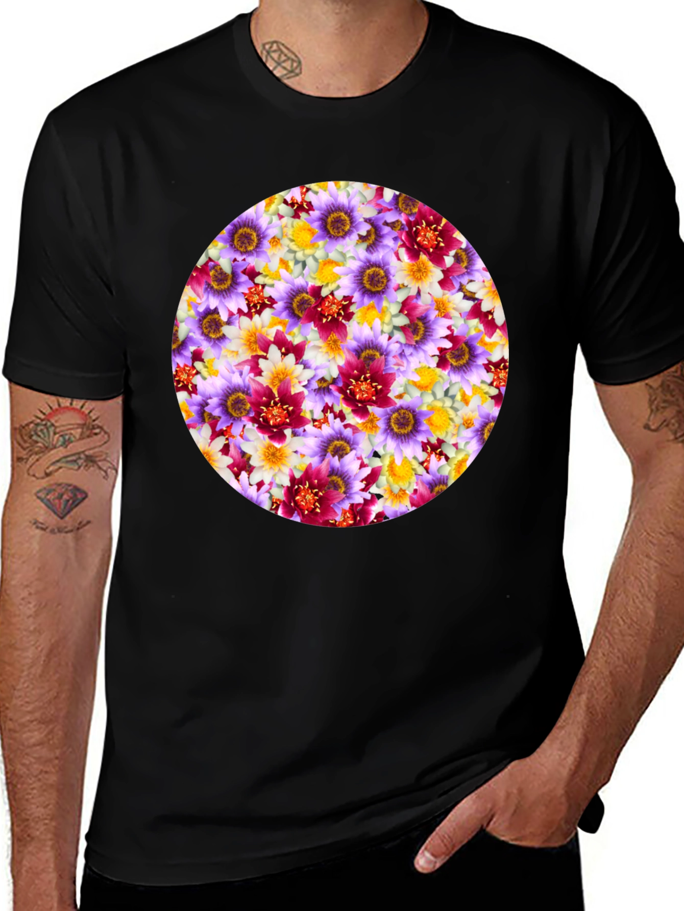 Variant 7 of Floral Pattern Graphic Tee - Mens Black T-Shirt